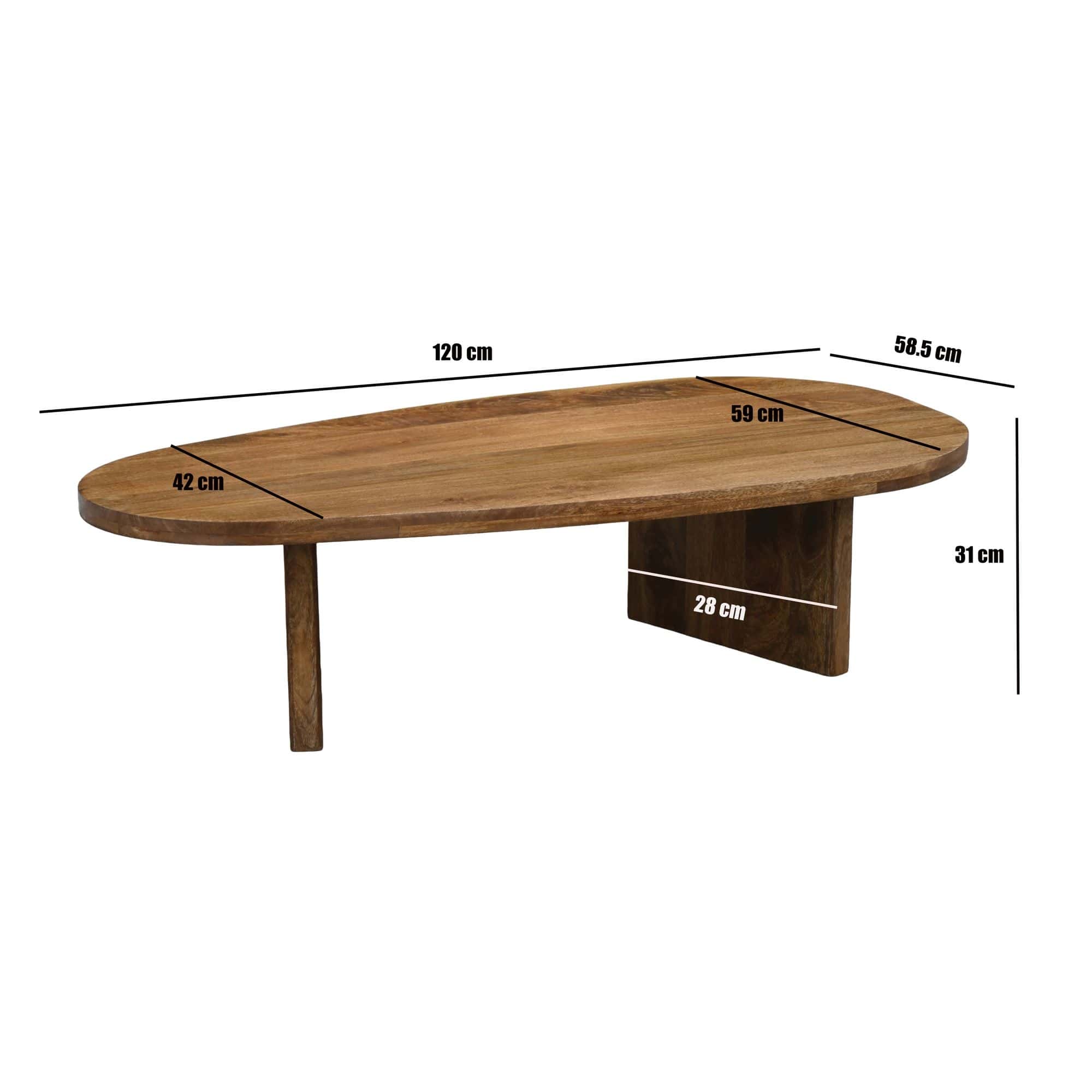Couchtisch Mango Massivholz oval 120cm - Handgefertigter Wohnzimmertisch im modernen Design mit abgerundeter Form - Flacher Beistelltisch Sofatisch aus Echtholz Handmade