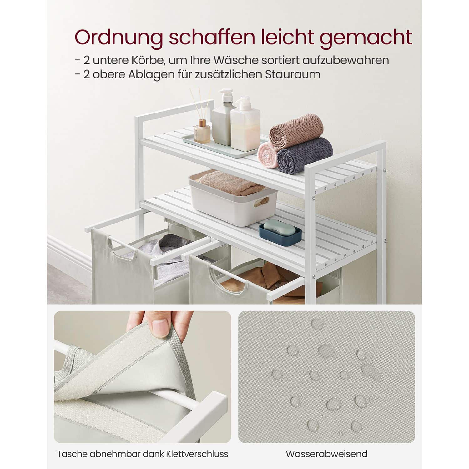 Wäschekorb 2 x 46 L mit 2 Ablagen weiß