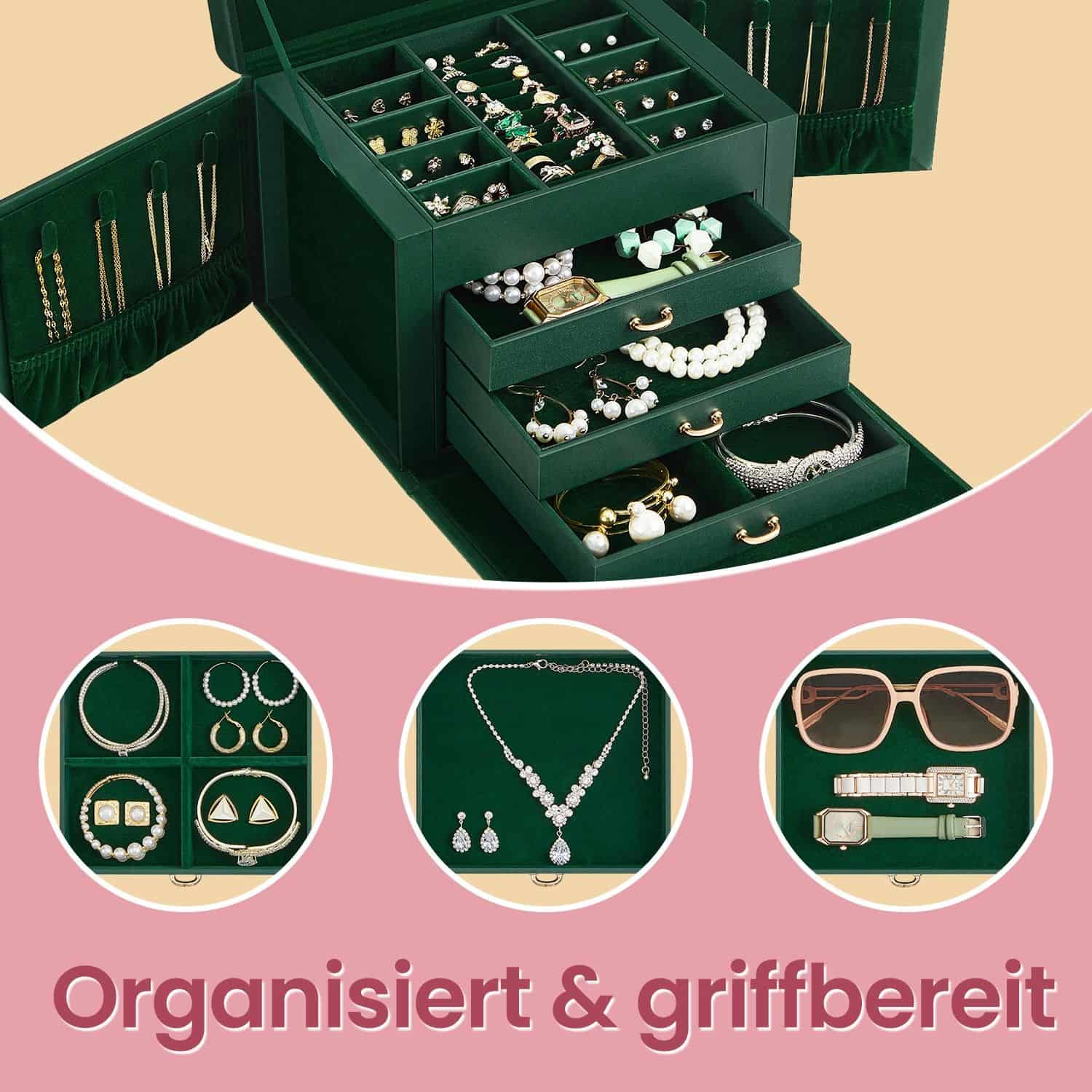 Schmuckkästchen 4 Ebenen mit Spiegel vintagegrün