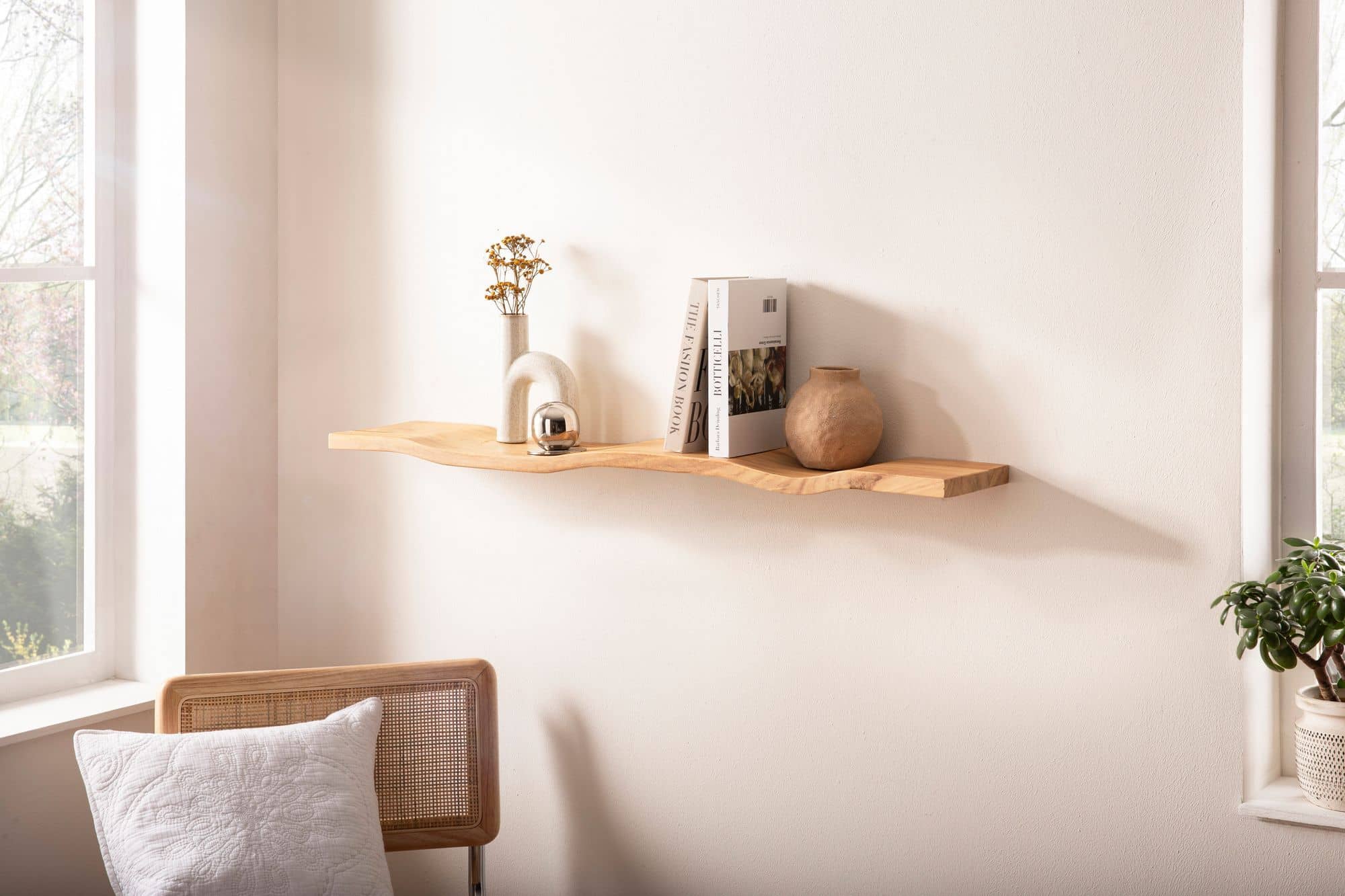 Wandregal Akazie Massivholz 120cm - Schwebendes Design Regal für die Wand Holz massiv - Hängeregal in Wellenform - Wandboard aus Echtholz