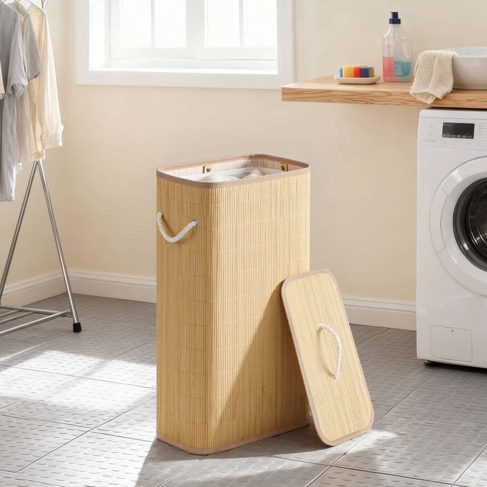 Wäschekorb mit Deckel, 60 L, Wäschesammler Bambus