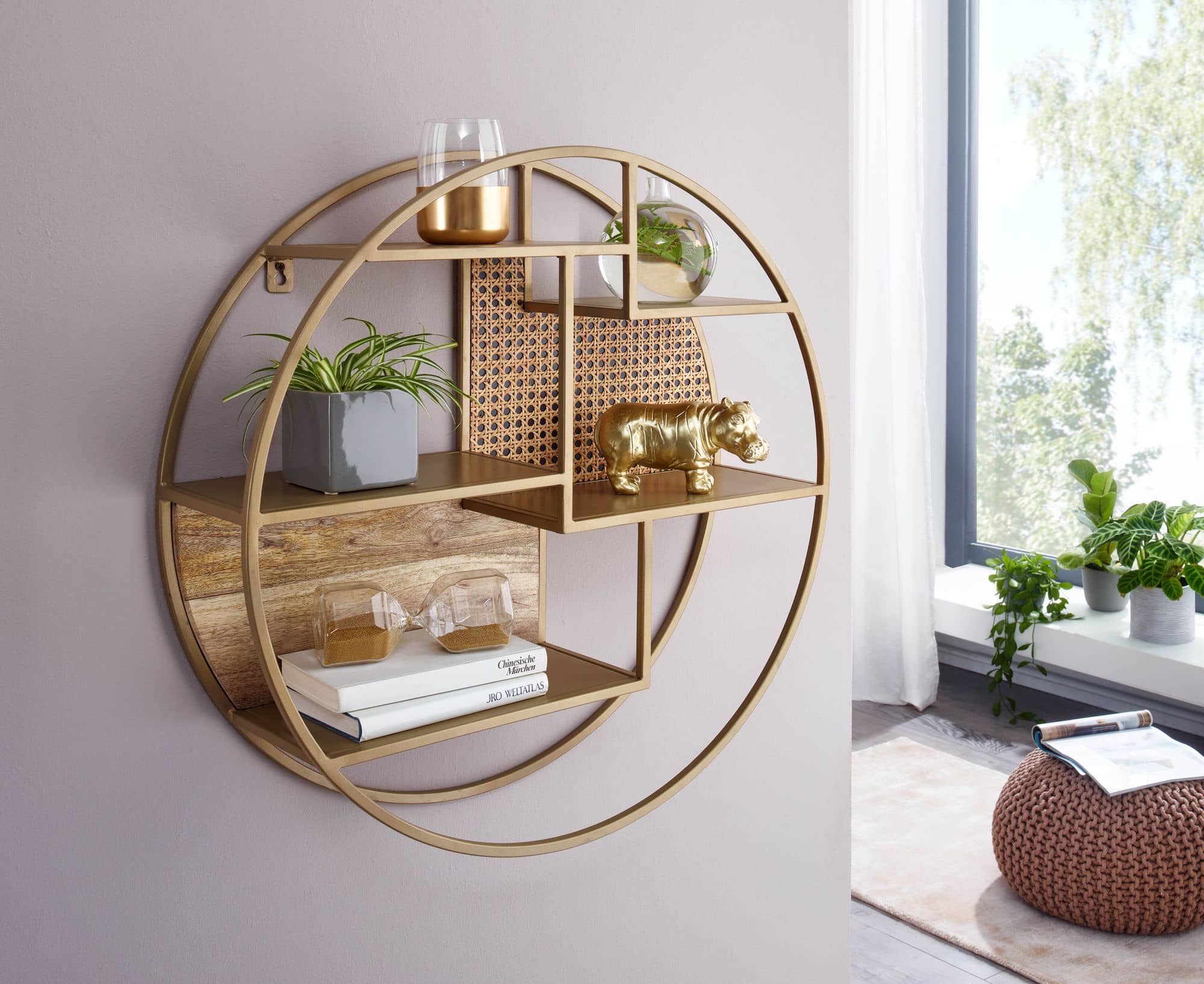 Wandregal Rattan 62x62x17 cm Hängeregal Massivholz / Metall Industrial Wandregal Rattan 62x62x17 cm Hängeregal Massivholz / Metall Industrial
