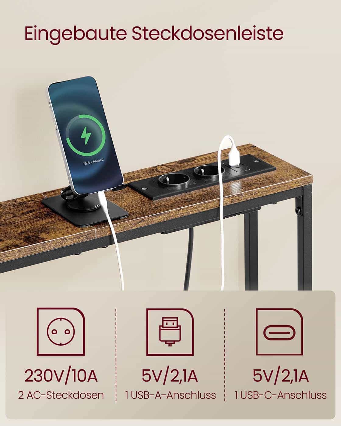 Schmaler Konsolentisch mit Ladestation und Haken Schmaler Konsolentisch mit Ladestation und Haken