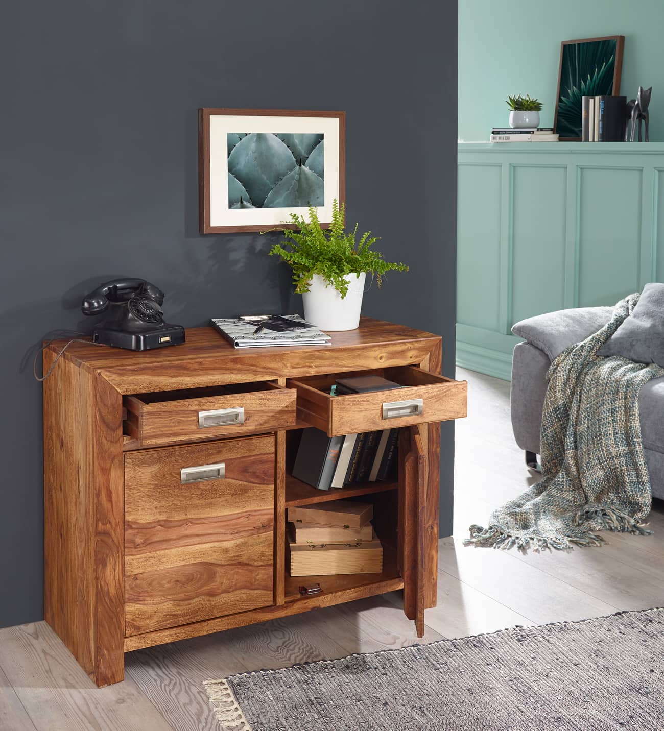 Sideboard MUMBAI Massivholz Sheesham Kommode 90 cm 2 Schubladen 2 Türen Design Highboard Landhaus-Stil braun natur Sideboard MUMBAI Massivholz Sheesham Kommode 90 cm 2 Schubladen 2 Türen Design Highboard Landhaus-Stil braun natur