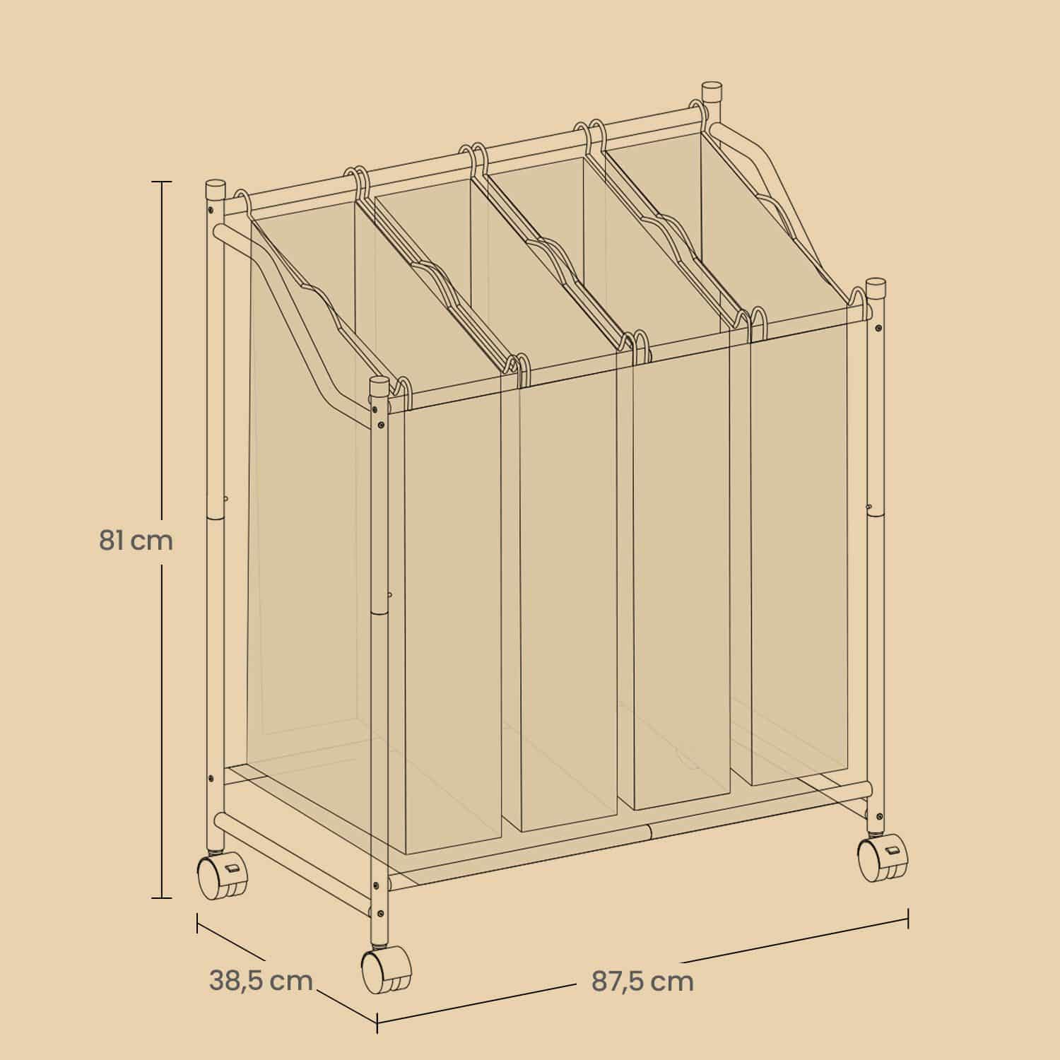 Wäschekorb mit Rollen, 4 x 35 L, Wäschesammler mit 4 abnehmbaren Wäschesäcken