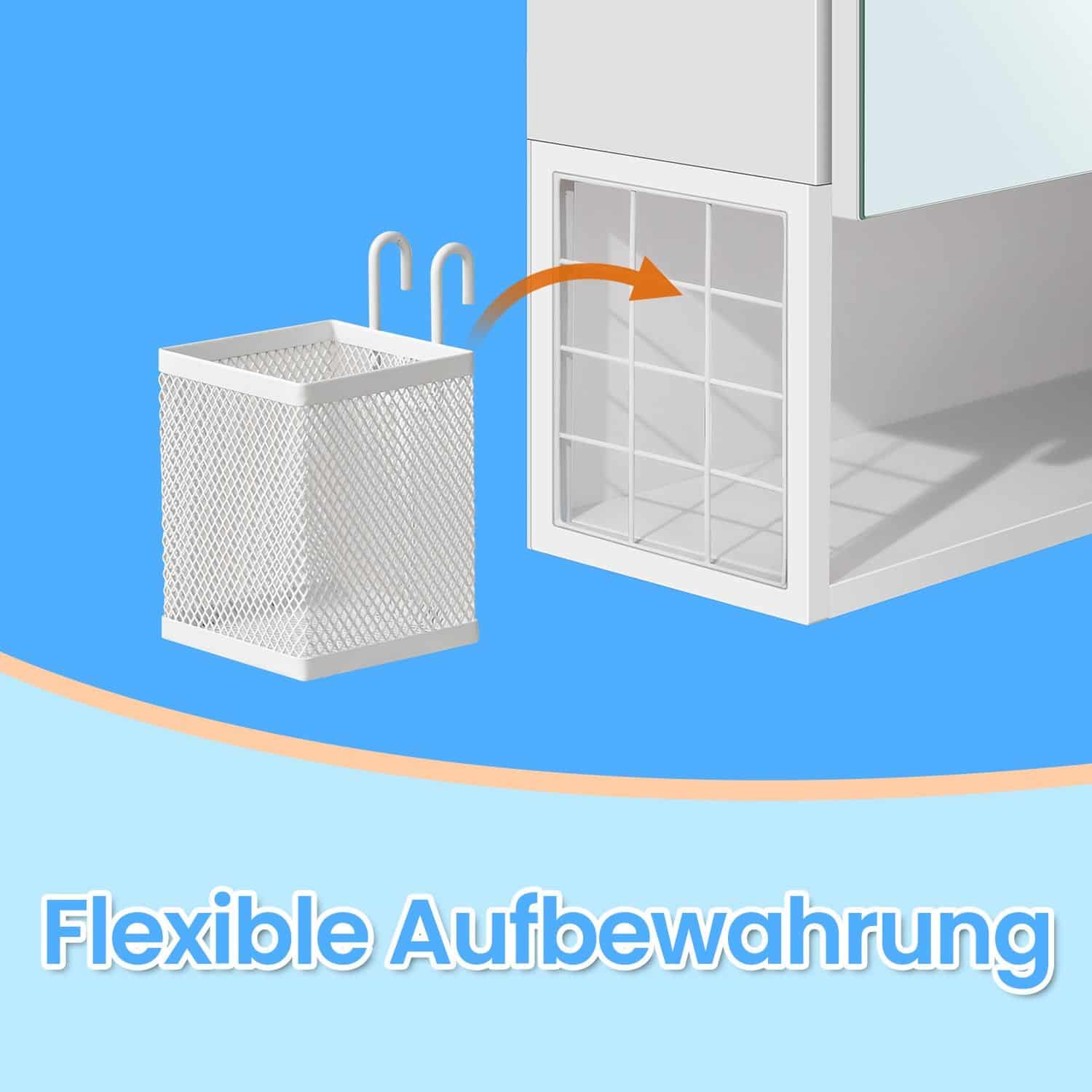 Badezimmerschrank mit LED-Beleuchtung, Steckdosen, Hängekorb