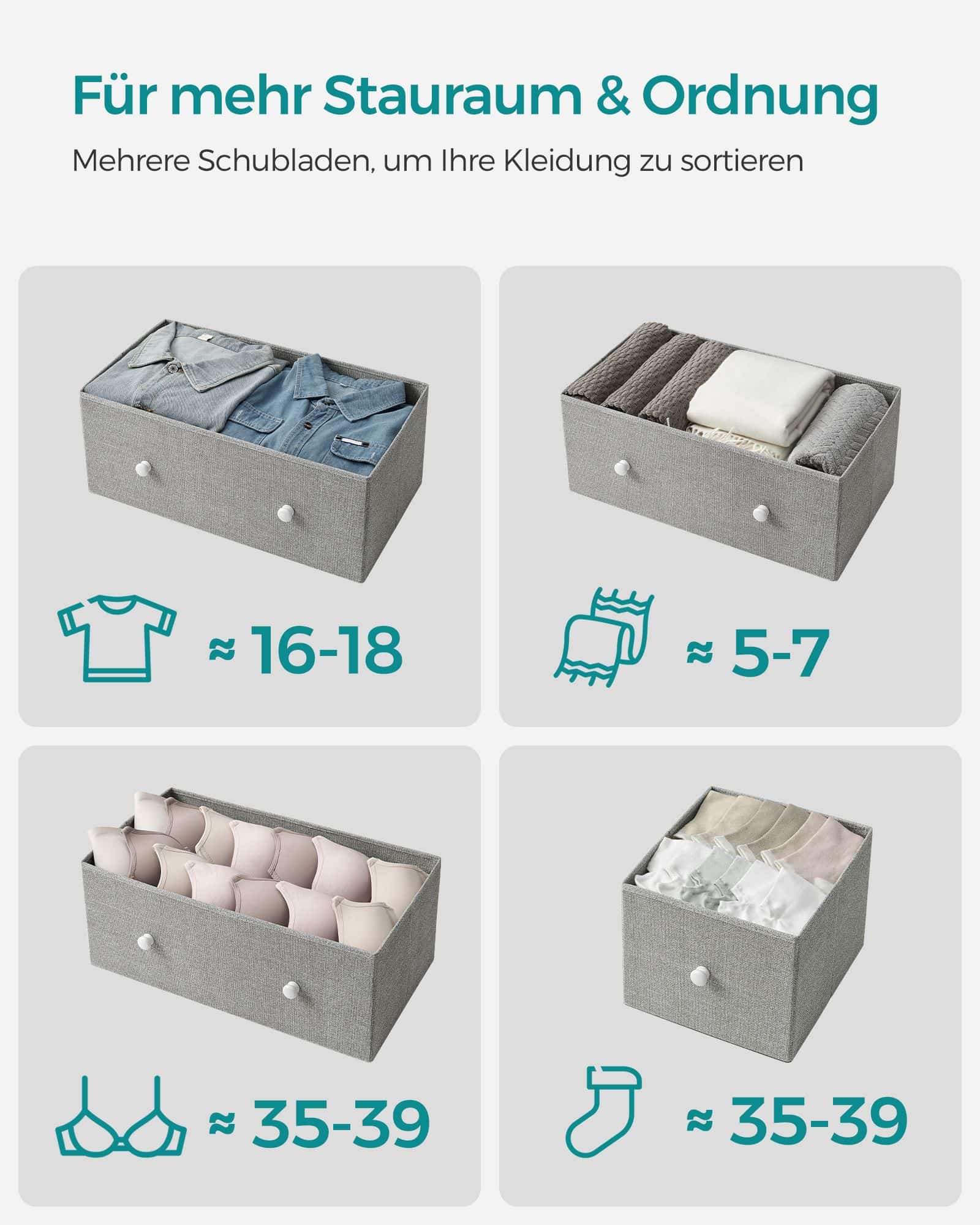Kommode mit 5 Stoff-Schubladen und Metallrahmen hellgrau-weiß Kommode mit 5 Stoff-Schubladen und Metallrahmen hellgrau-weiß