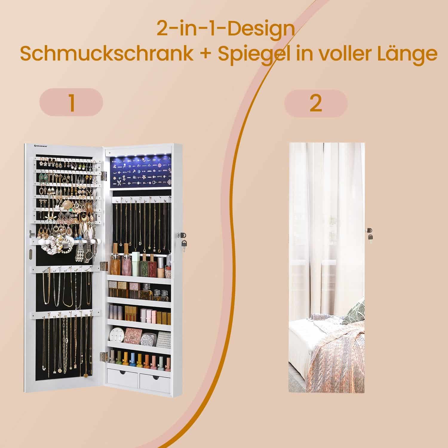 Schmuckschrank hängend, Spiegelschrank mit LED-Innenbeleuchtung, Wandschrank mit Ganzkörperspiegel Schmuckschrank hängend, Spiegelschrank mit LED-Innenbeleuchtung, Wandschrank mit Ganzkörperspiegel