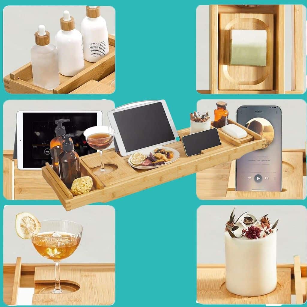 Ausziehbare Badewannenablage aus Bambus verstellbares Badewannenbrett Badewannen Ablagen, mit Getränkehalter, Buchstütze Ausziehbare Badewannenablage aus Bambus verstellbares Badewannenbrett Badewannen Ablagen, mit Getränkehalter, Buchstütze