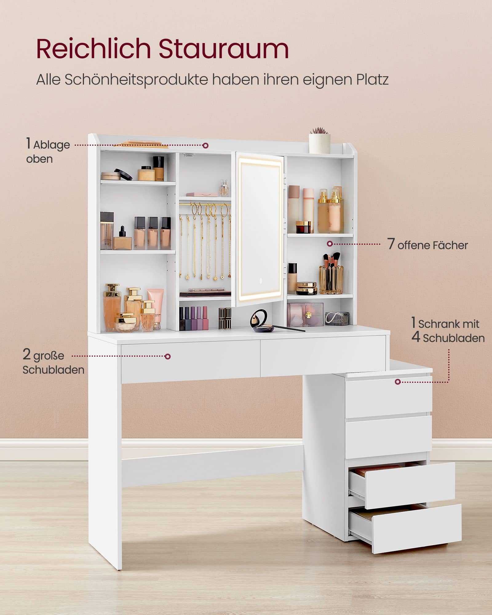 Schminktisch mit LED-Beleuchtung modern wolkenweiß Schminktisch mit LED-Beleuchtung modern wolkenweiß