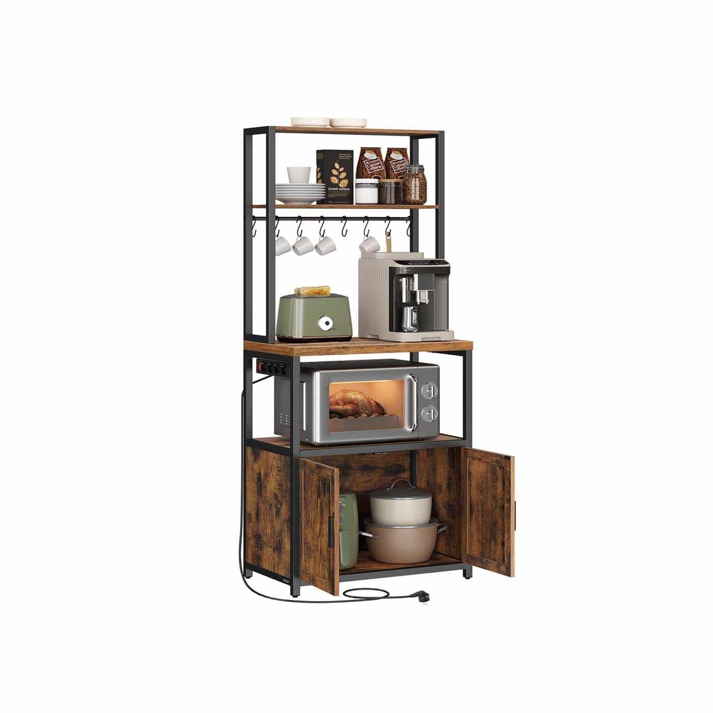 Küchenregal mit Steckdosen und Haken für praktische Aufbewahrung Küchenregal mit Steckdosen und Haken für praktische Aufbewahrung