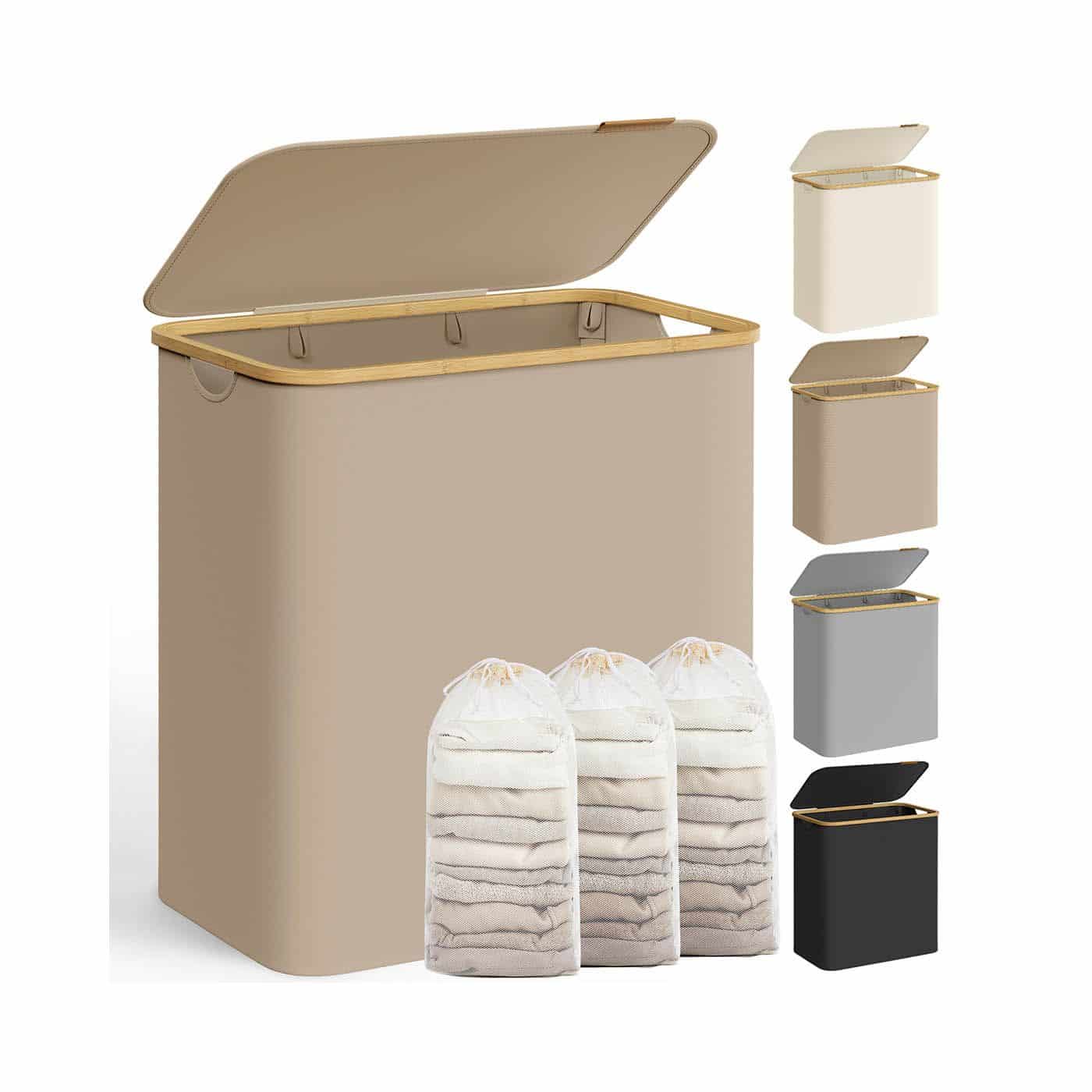 Wäschekorb 150 L mit Deckel und 3 Fächern 60 x 38,5 x 70,5 cm kamelbraun Wäschekorb 150 L mit Deckel und 3 Fächern 60 x 38,5 x 70,5 cm kamelbraun