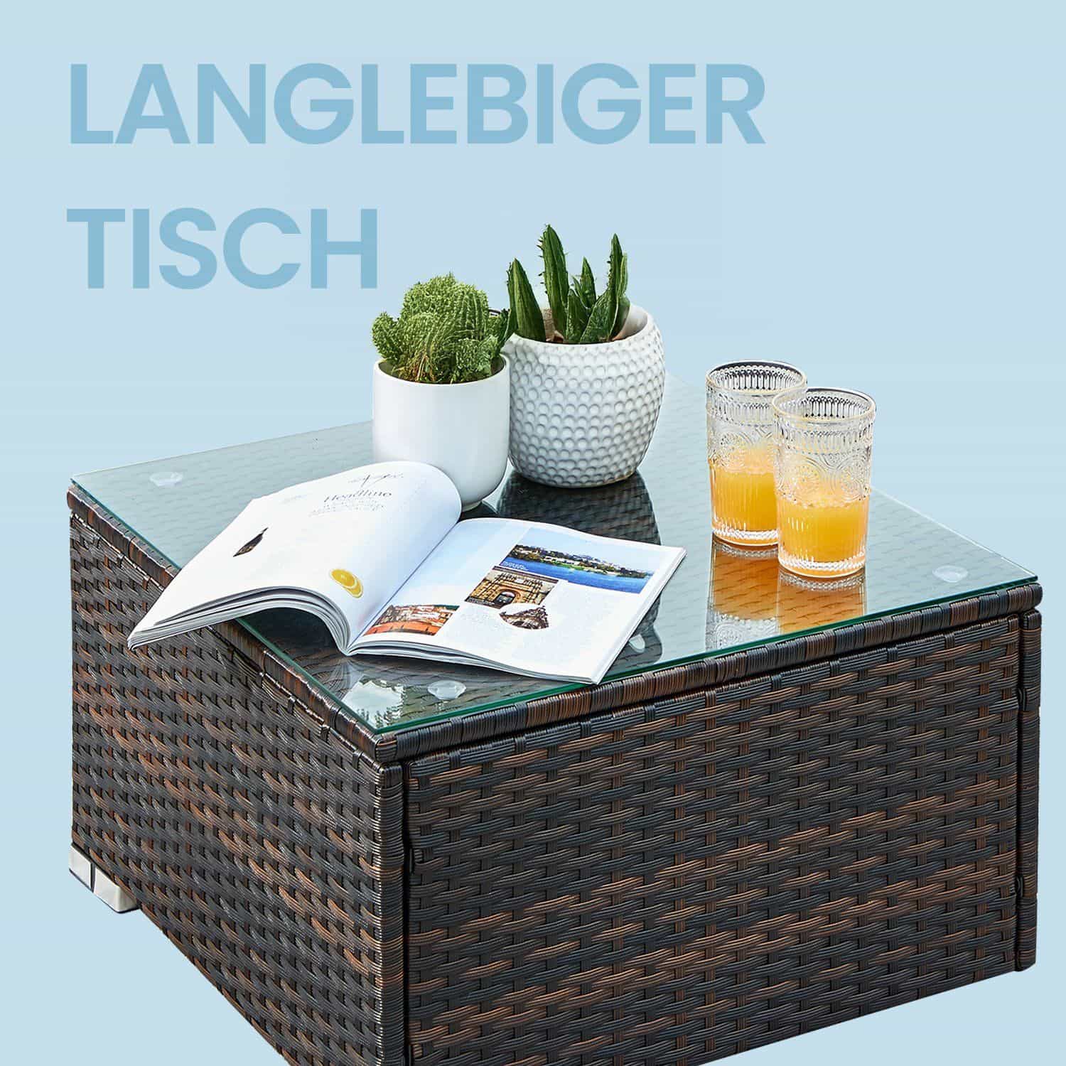 Gartenmöbel-Set, Terrassenmöbel aus PE-Polyrattan, Balkonmöbel mit Kissen und Glastisch