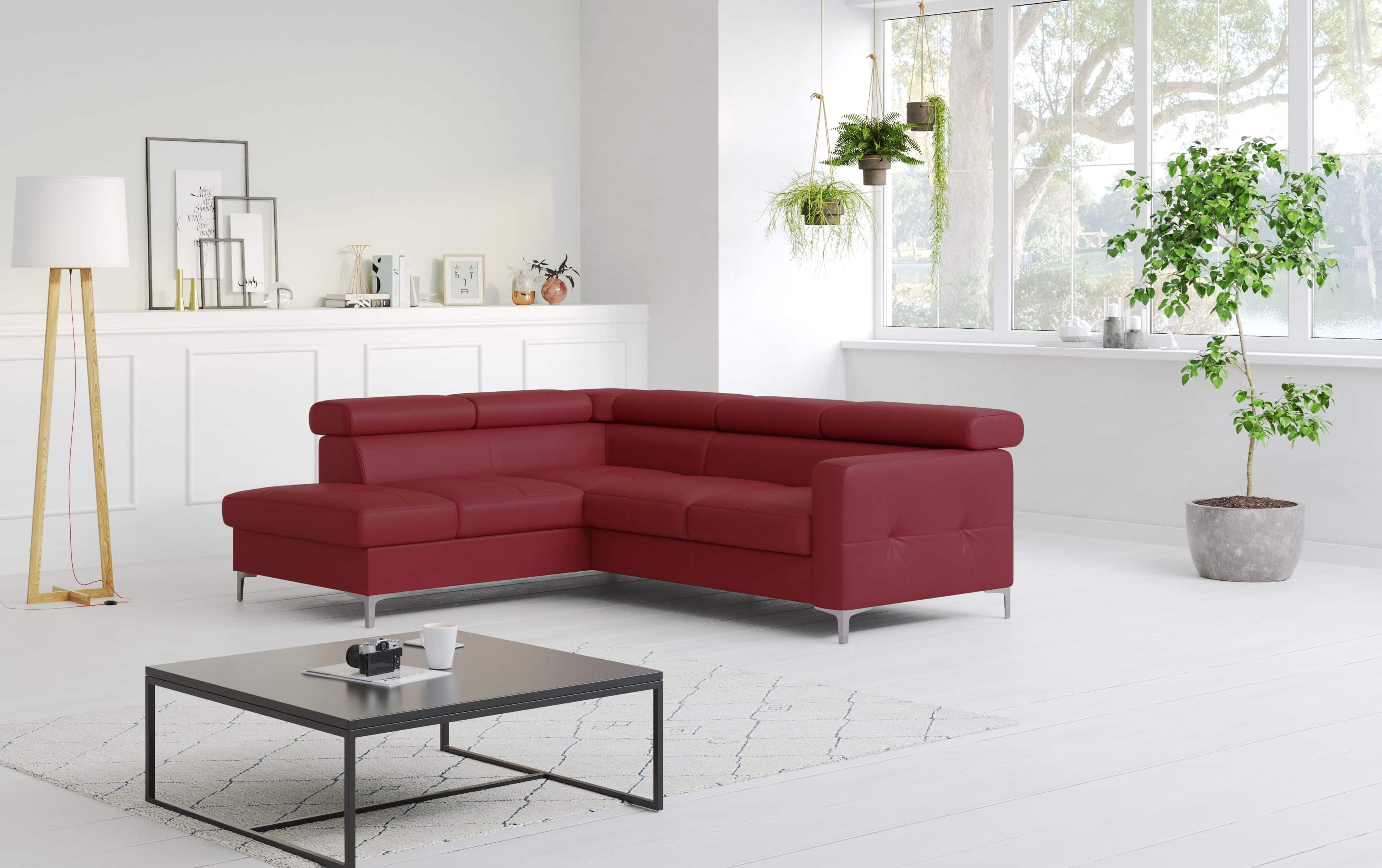 Echtleder Ecksofa Sammy mit Schlaffunktion & Bettkasten in rot - Cotta