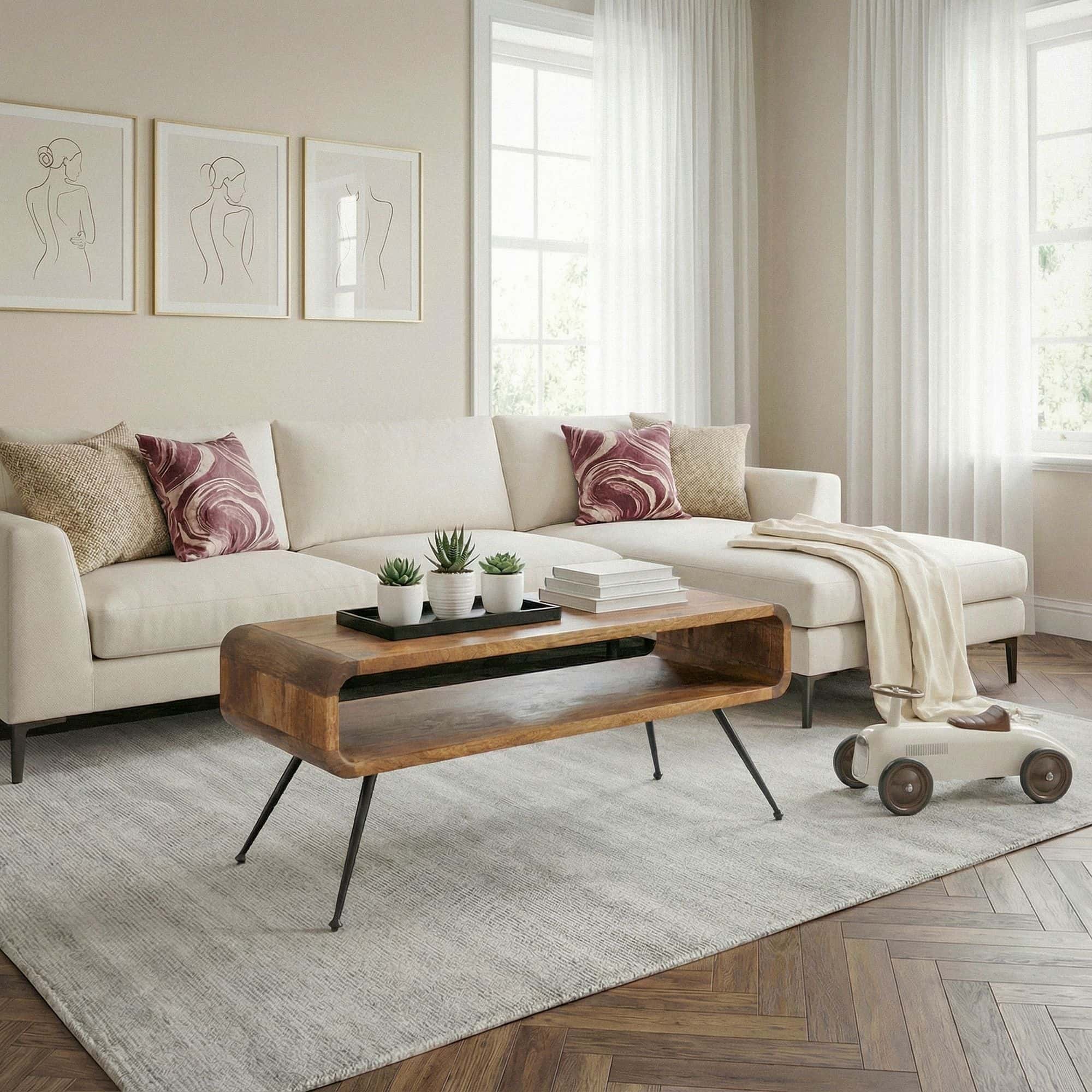 Couchtisch Mango Massivholz Metall 105cm - Design Wohnzimmertisch mit Ablagefach - Rechteckiger Sofatisch Retro - Loungetisch Holz - Natur Beistelltisch Handmade