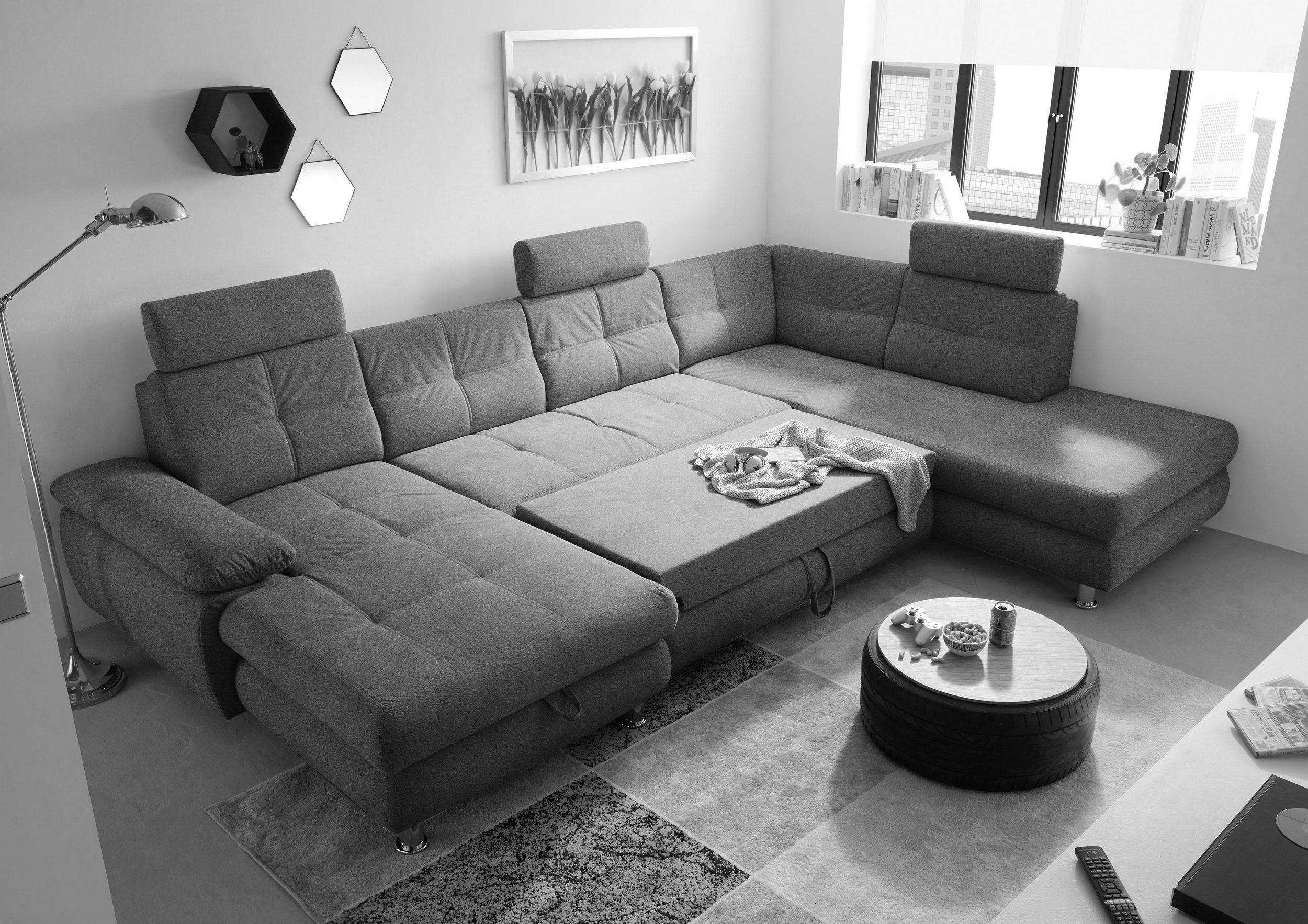 Wohnlandschaft Alba von ED Exciting Design mit Schlaffunktion & Bettkasten – U-Form Sofa aus hochwertigem Brego-Stoff