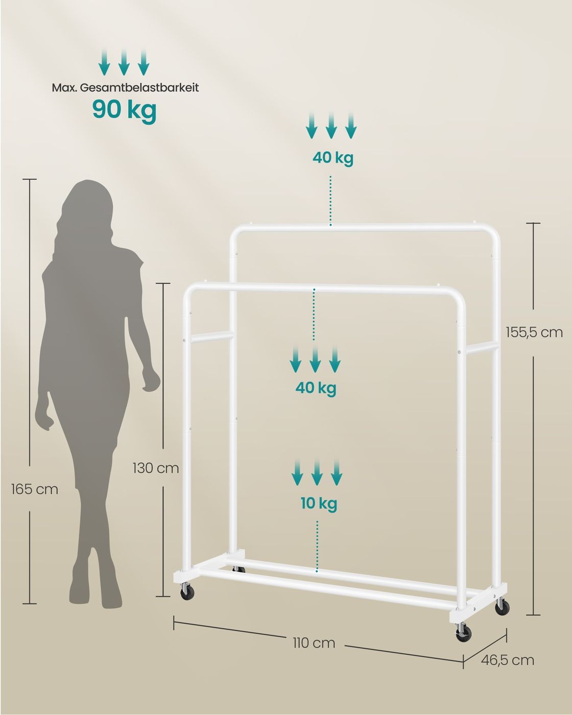 Kleiderständer mit Rollen für flexible Aufbewahrung mattweiß