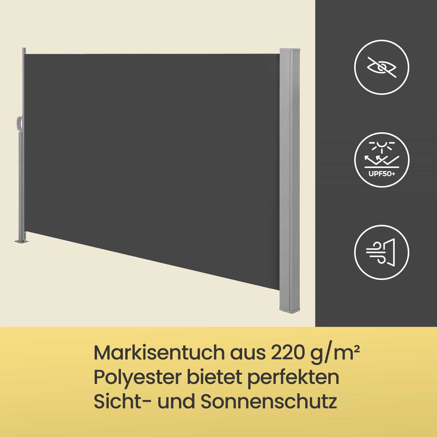 Seitenmarkise mit Stahl-Kasten, rostbeständig, ausziehbar Seitenmarkise mit Stahl-Kasten, rostbeständig, ausziehbar