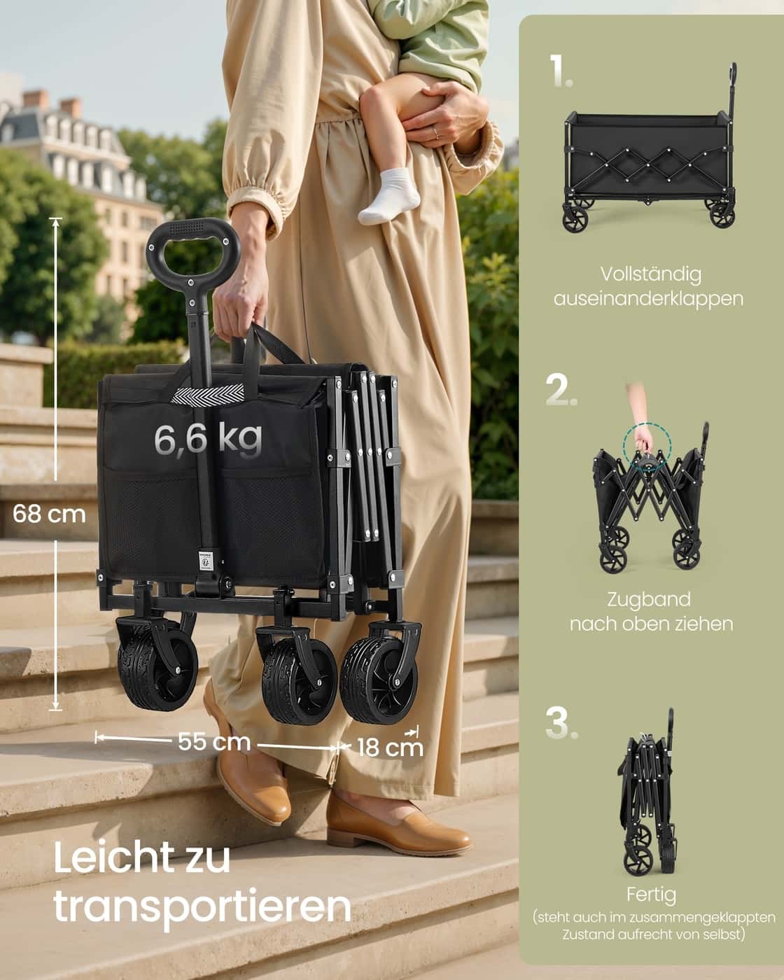 Kleiner Handwagen faltbar mit 4 verstärkten Rollen und Griff Tintenschwarz Kleiner Handwagen faltbar mit 4 verstärkten Rollen und Griff Tintenschwarz