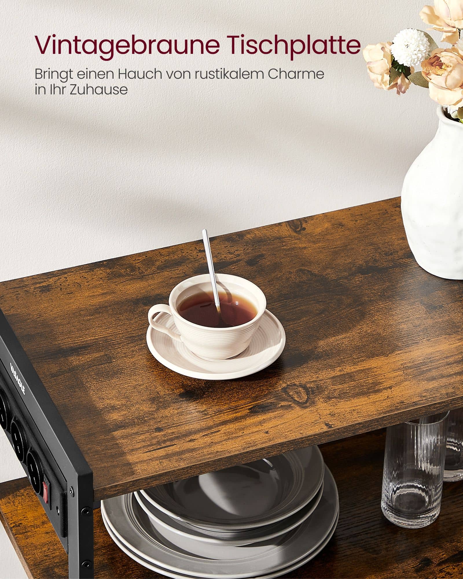 VASAGLE Küchenregal mit Steckdosen Vintagebraun-Schwarz