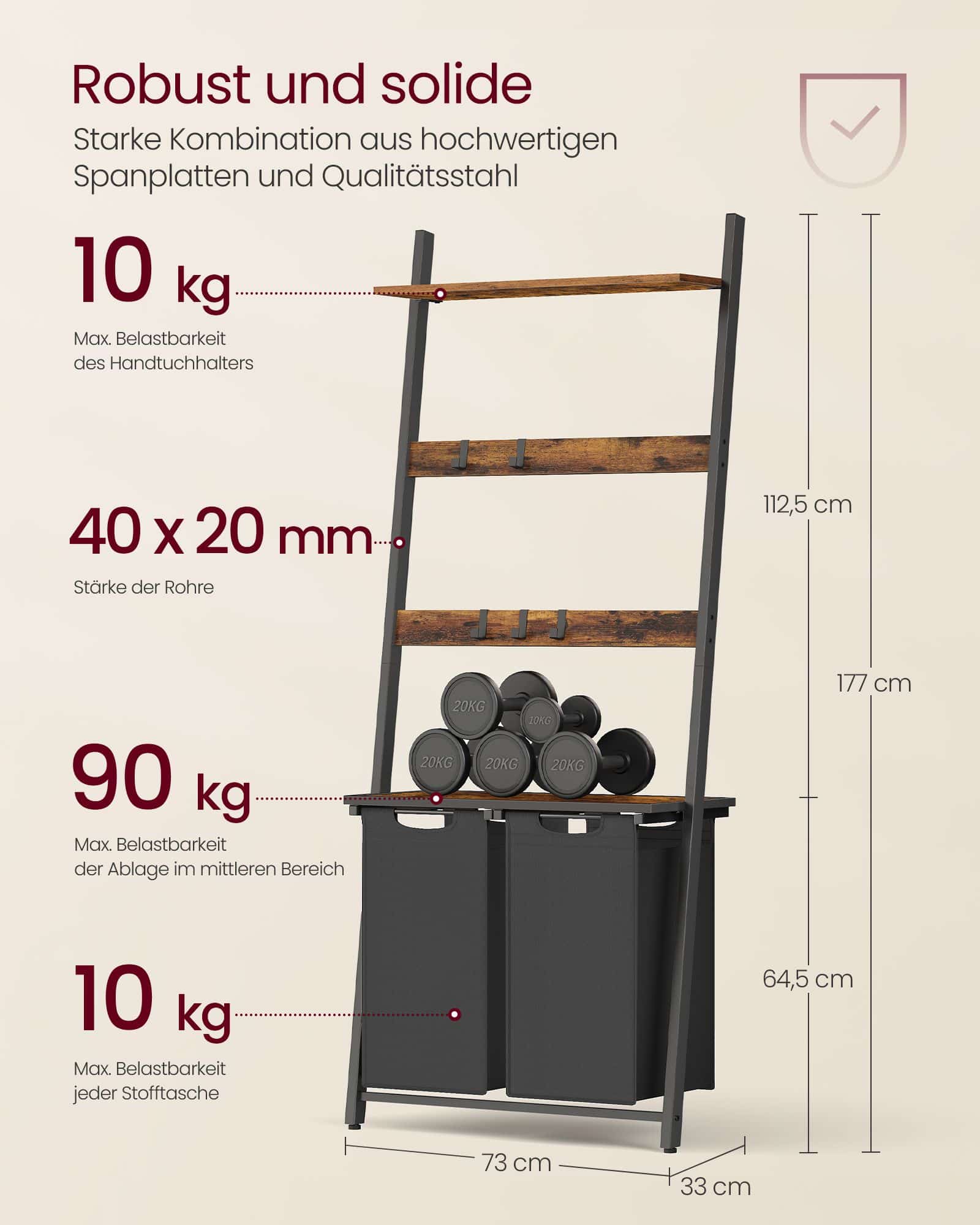 Wäschekorb mit Handtuchleiter vintagebraun-schwarz