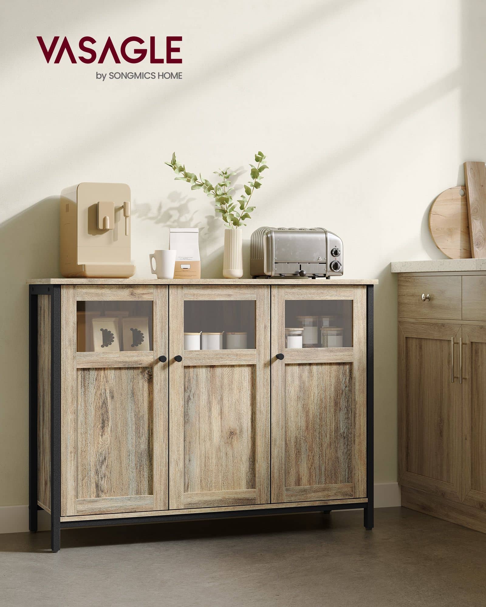 VASAGLE Küchenschrank – Glas, Stahl, Industrie-Look