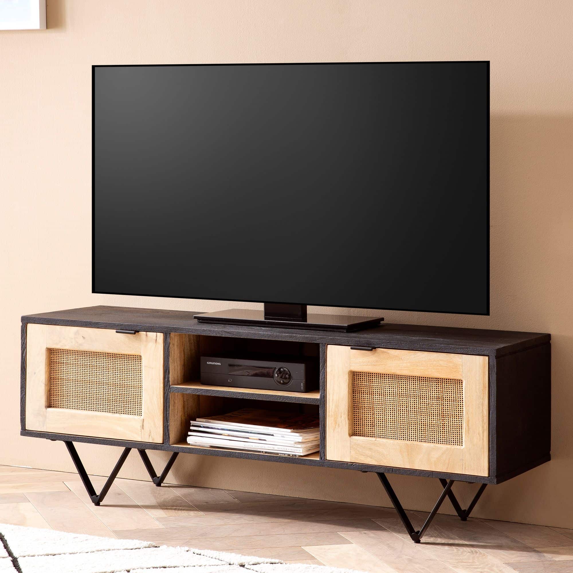 Lowboard Mango Massivholz / Rattan 120x44x35 cm TV-Kommode mit zwei Türen Lowboard Mango Massivholz / Rattan 120x44x35 cm TV-Kommode mit zwei Türen