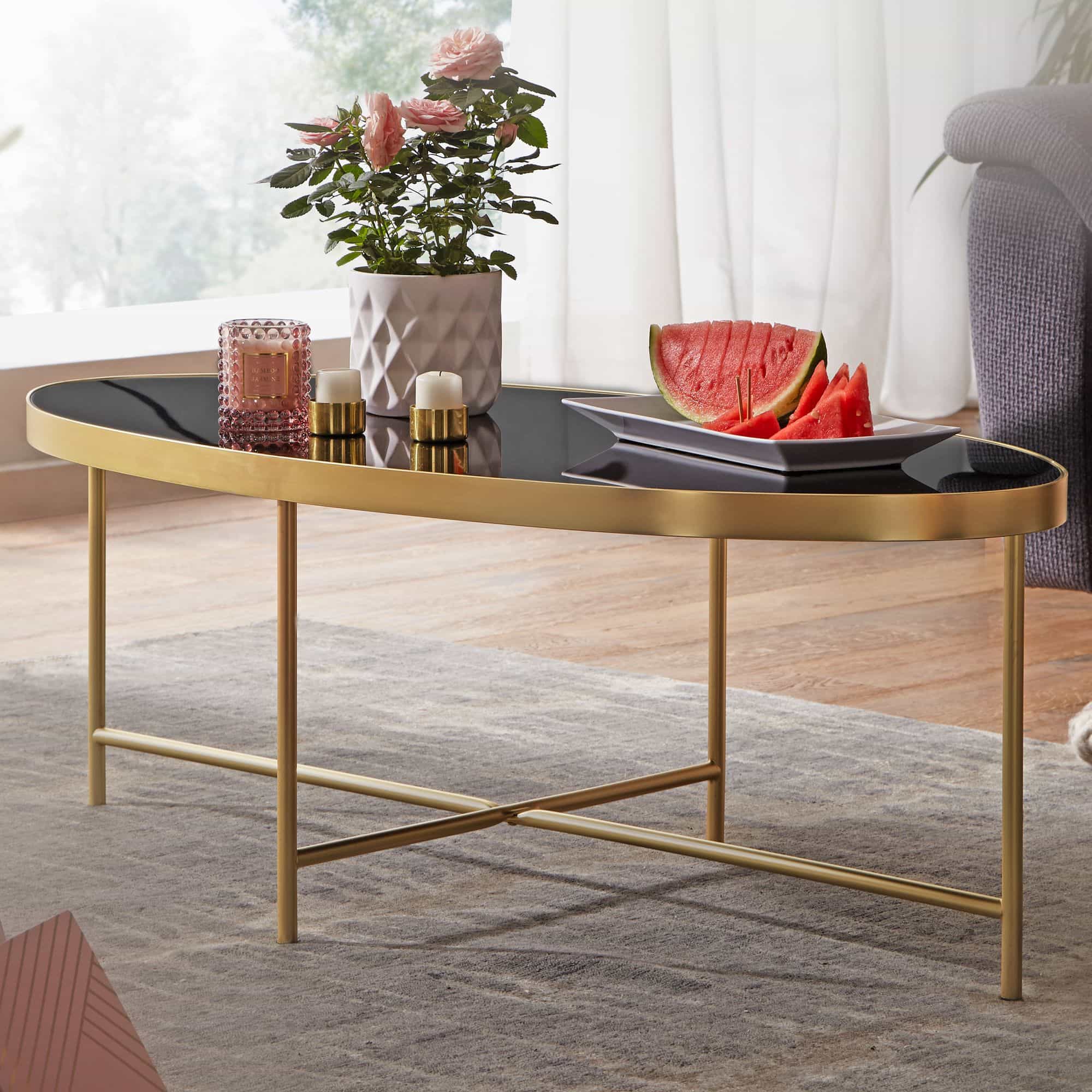 52212-WOHNLING-Couchtisch-Oval-WL5-993-Schwarz-Gold-110x4 Design Couchtisch Glas Schwarz - Oval 110 x 56 cm mit Gold Metallgestell