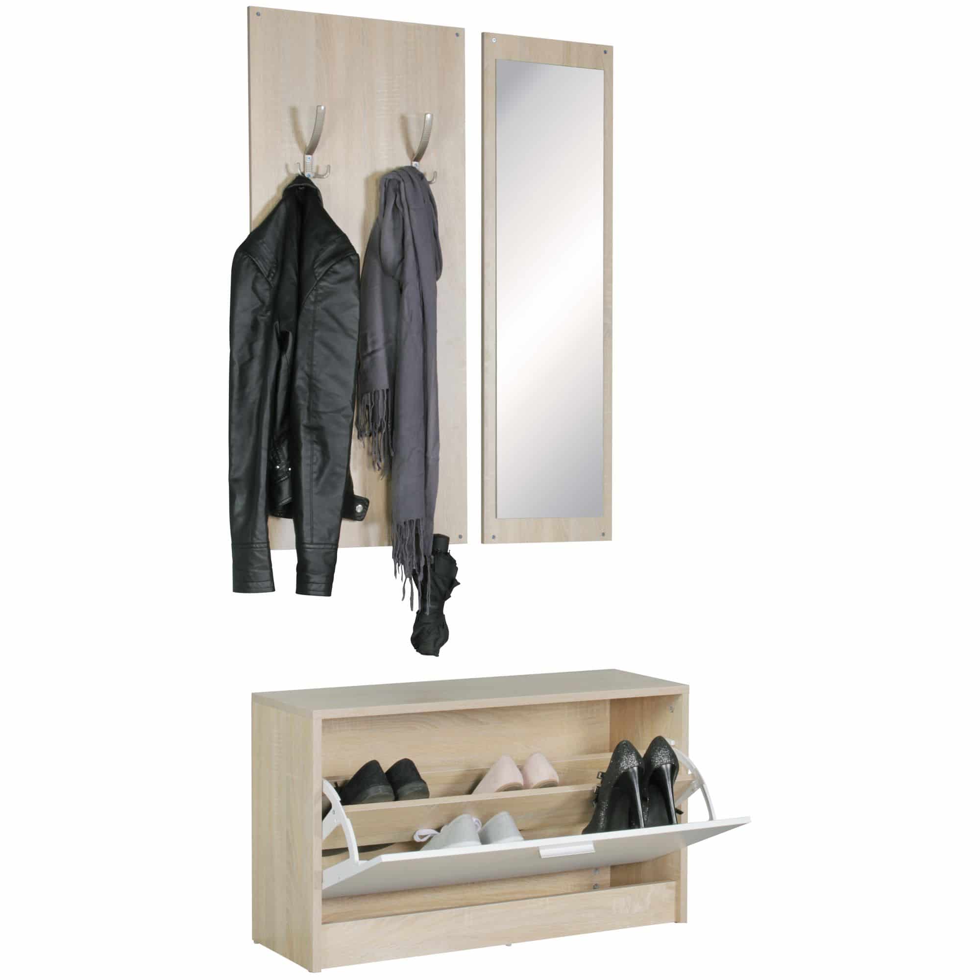 44695-WOHNLING-Wand-Garderobe-JANA-mit-Spiegel-und Wand-Garderobe SALERNO mit Spiegel & Schuhschrank Spanplatte sonoma