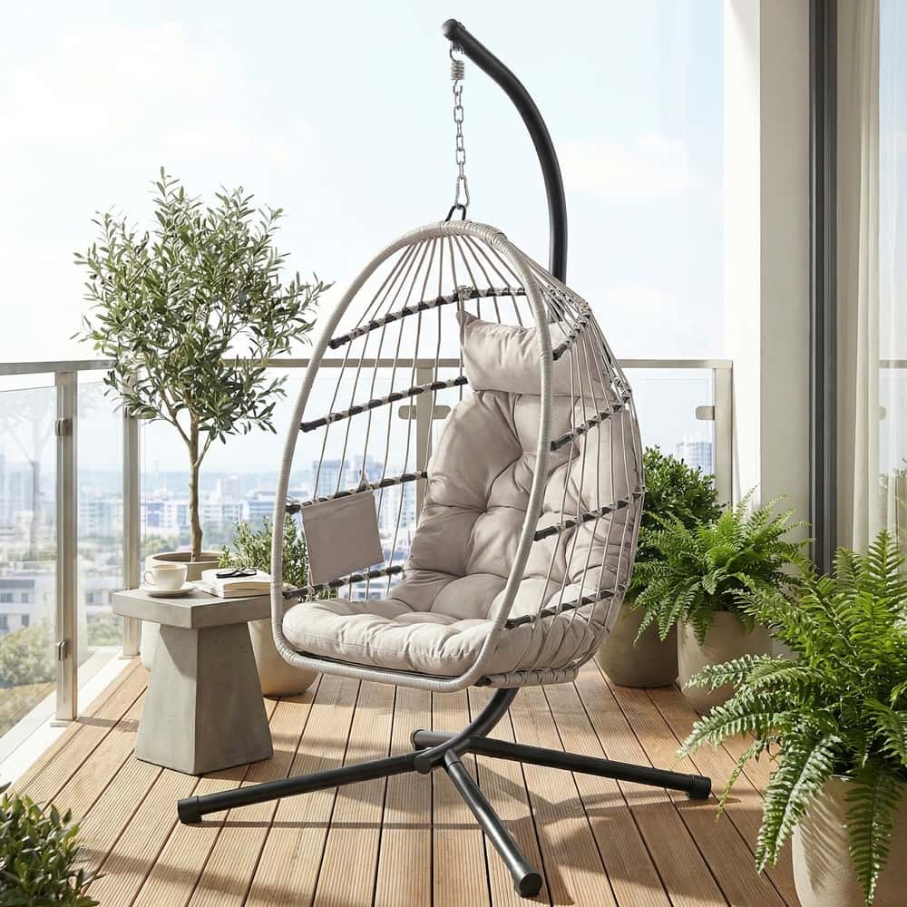 Schaukelstuhl mit Gestell, klappbarer Korbsessel höhenverstellbar, Hängeschaukel für Garten Balkon Schaukelstuhl mit Gestell, klappbarer Korbsessel höhenverstellbar, Hängeschaukel für Garten Balkon