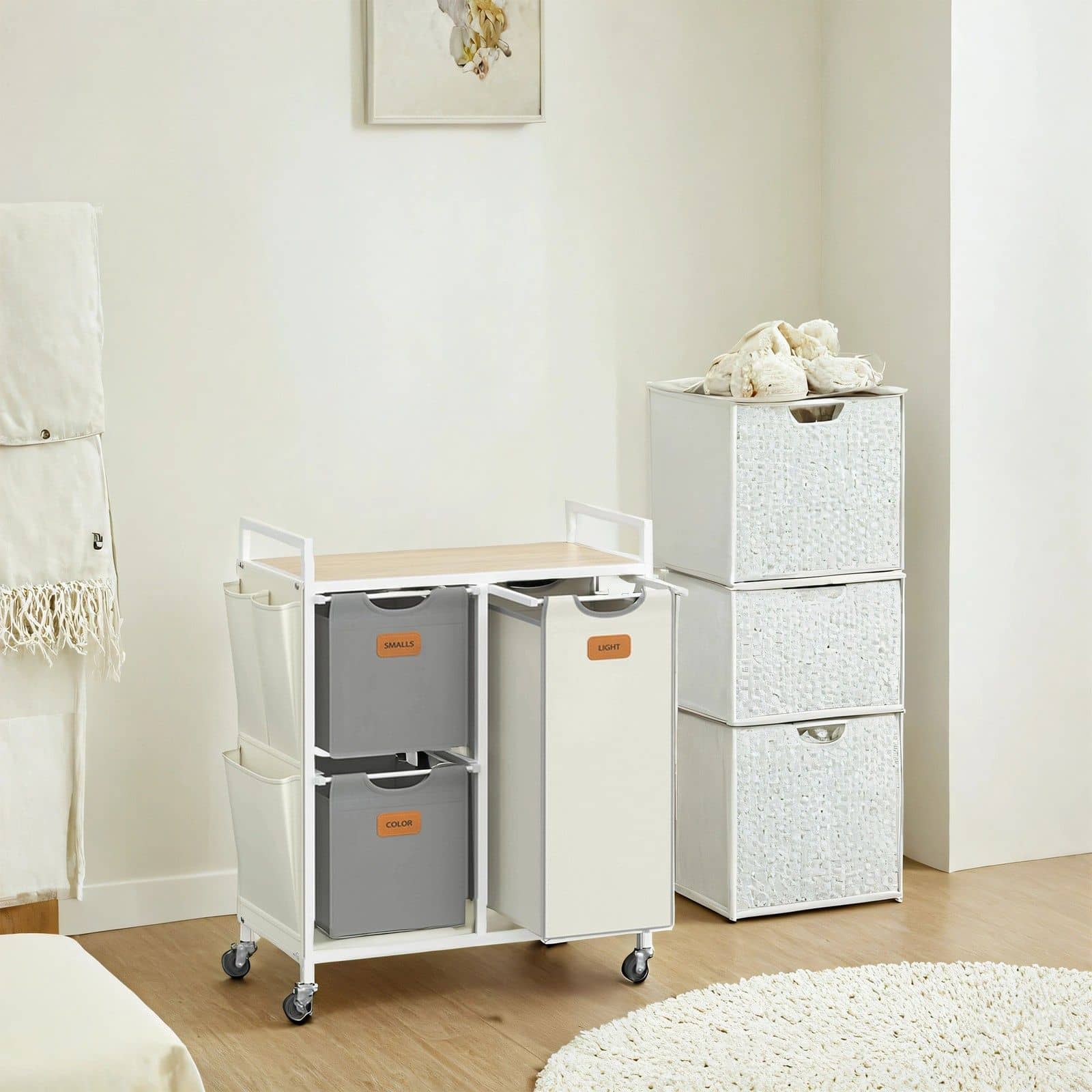 Wäschekorb 3 Fächer naturbeige-taubengrau-cremeweiß