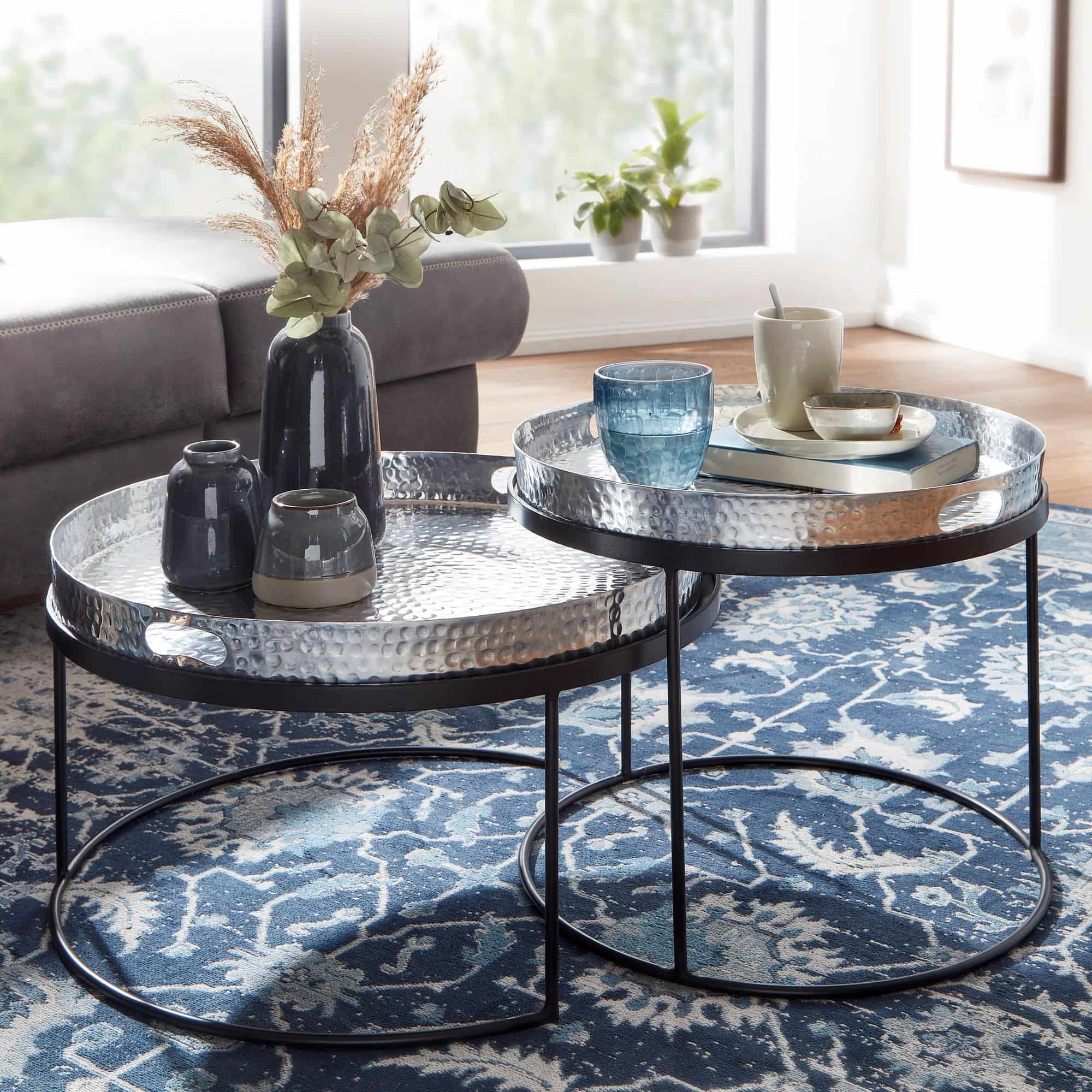 63457-WOHNLING-Couchtisch-2er-Set-Silber-schwarz-WL6-462-WL6-462_2HDyiHAZM56Xfb Couchtisch 2er Set Silber / Schwarz Metall Hammerschlag Satztisch Rund