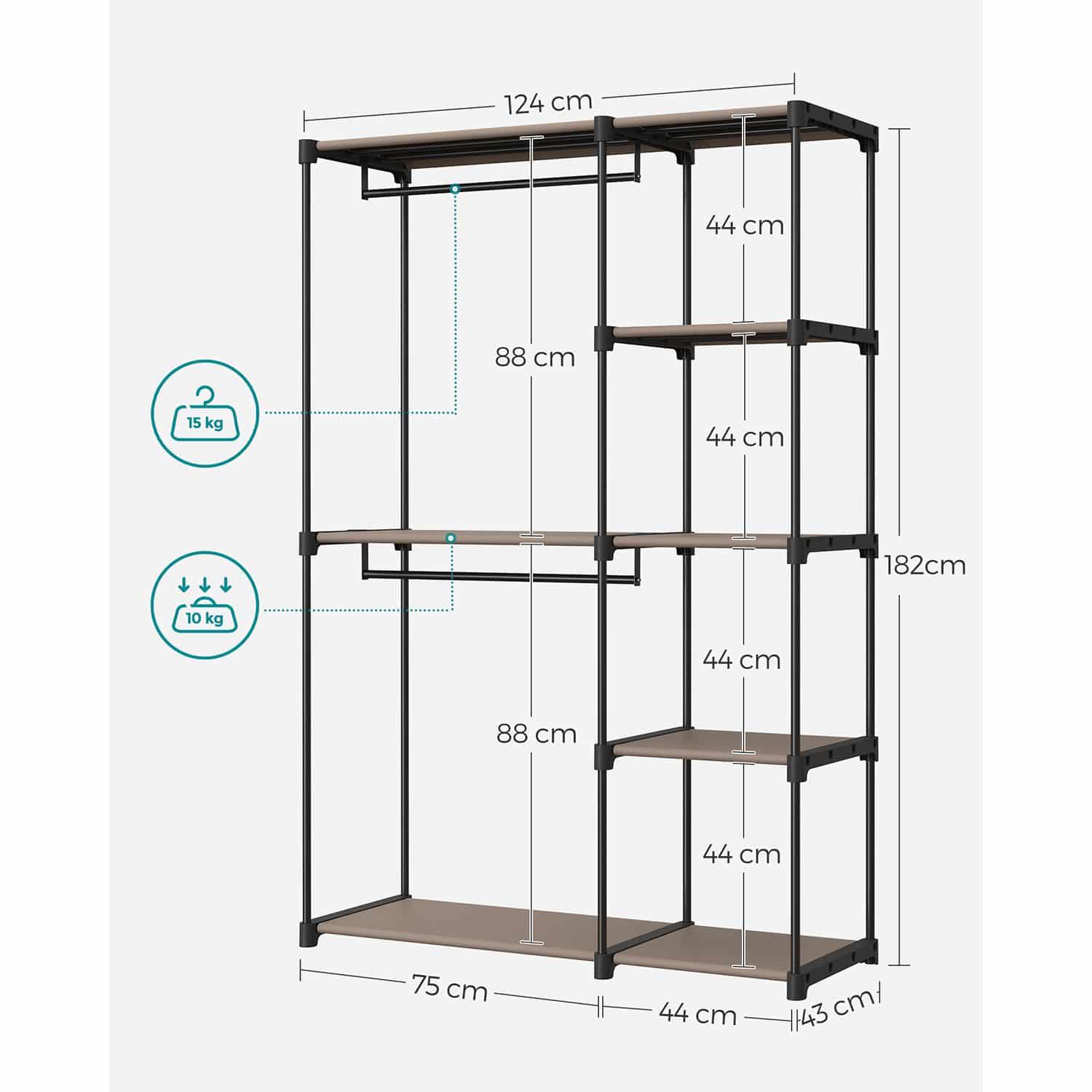 Kleiderschrank offen mit Kleiderstangen 43 x 124 x 182 cm Taupe Kleiderschrank offen mit Kleiderstangen 43 x 124 x 182 cm Taupe