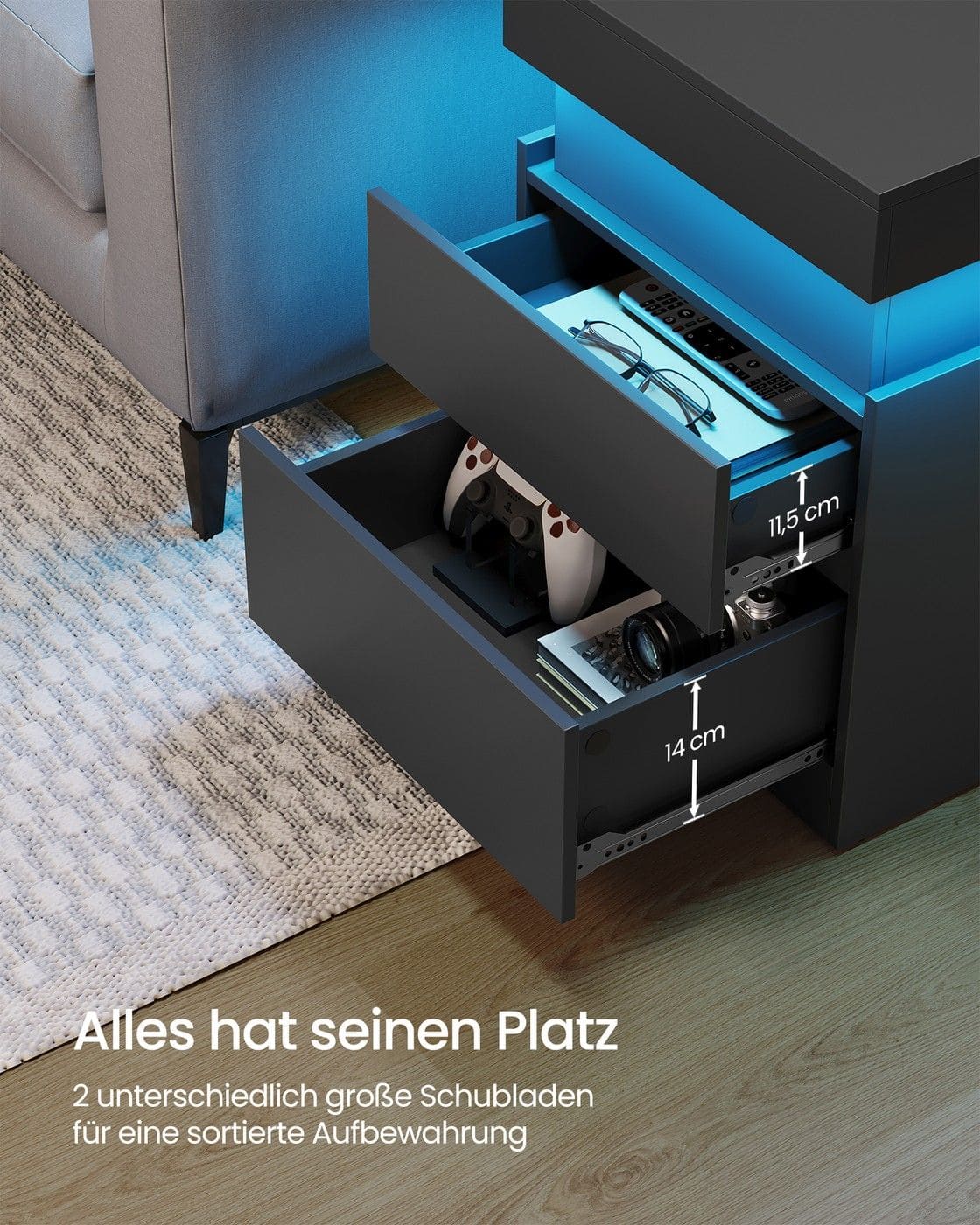 Kailyn Kollektion - Nachttisch mit Steckdosen und LED Beleuchtung tintenschwarz Kailyn Kollektion - Nachttisch mit Steckdosen und LED Beleuchtung tintenschwarz