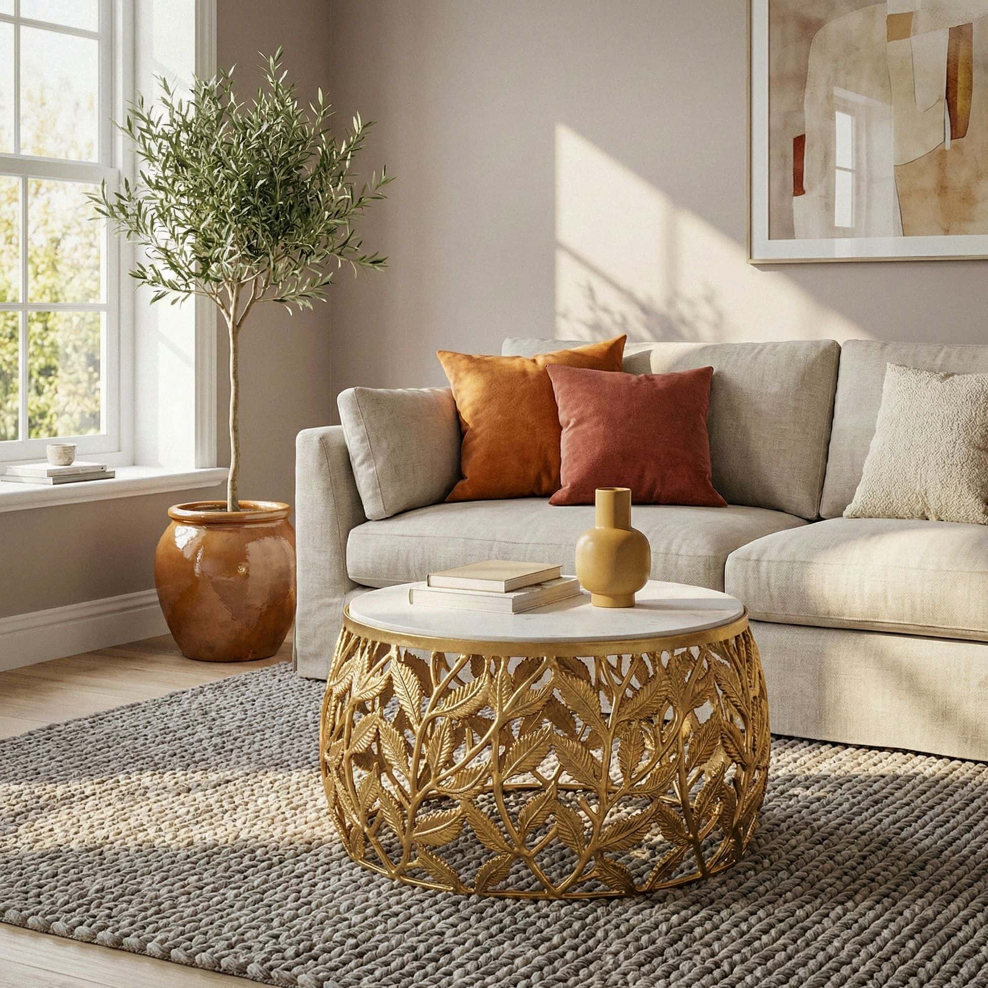 Couchtisch 60cm Gold mit weißer Marmor Tischplatte - Wohnzimmertisch rund - Sofatisch modern - Beistelltisch Aluminium - Design Beistelltisch Wohnzimmer Metallgestell Handmade