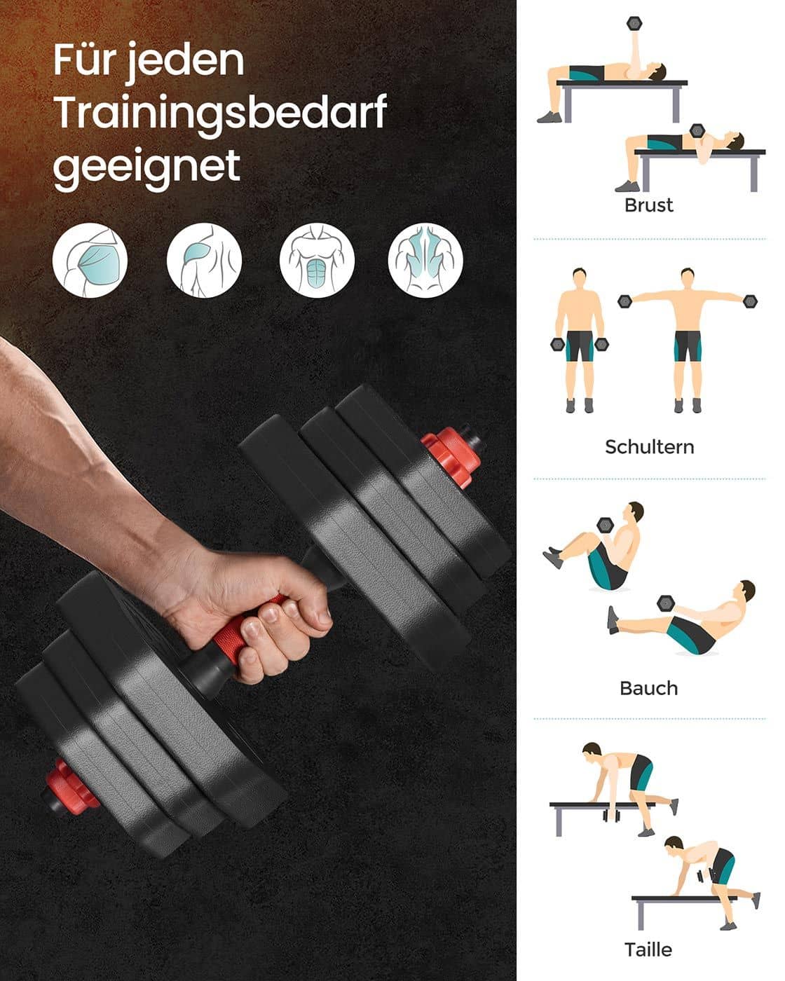 Hantelset mit Verbindungsstange 20 kg für Zuhause tintenschwarz