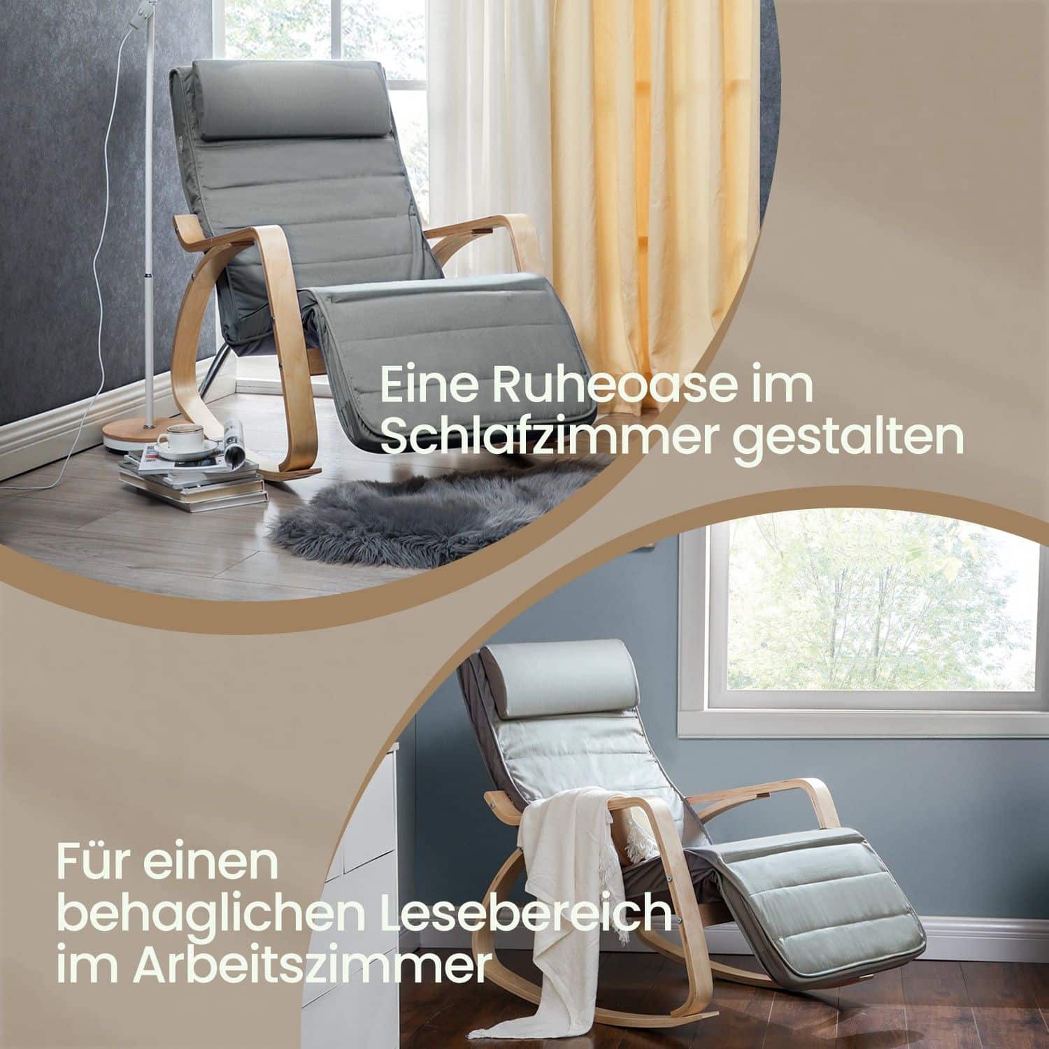 Schaukelstuhl mit 5-stufig verstellbarer Fußstütze, Schaukelsessel mit Armlehnen aus Birkenholz, für Wohnzimmer Schaukelstuhl mit 5-stufig verstellbarer Fußstütze, Schaukelsessel mit Armlehnen aus Birkenholz, für Wohnzimmer