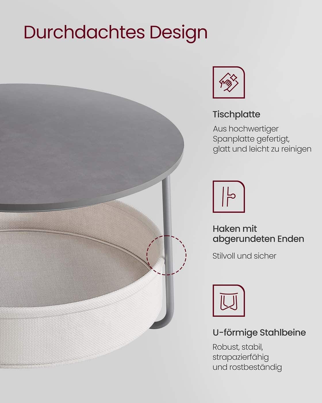 Couchtisch rund mit Korb aus Stoff zementgrau-cremeweiß Couchtisch rund mit Korb aus Stoff zementgrau-cremeweiß
