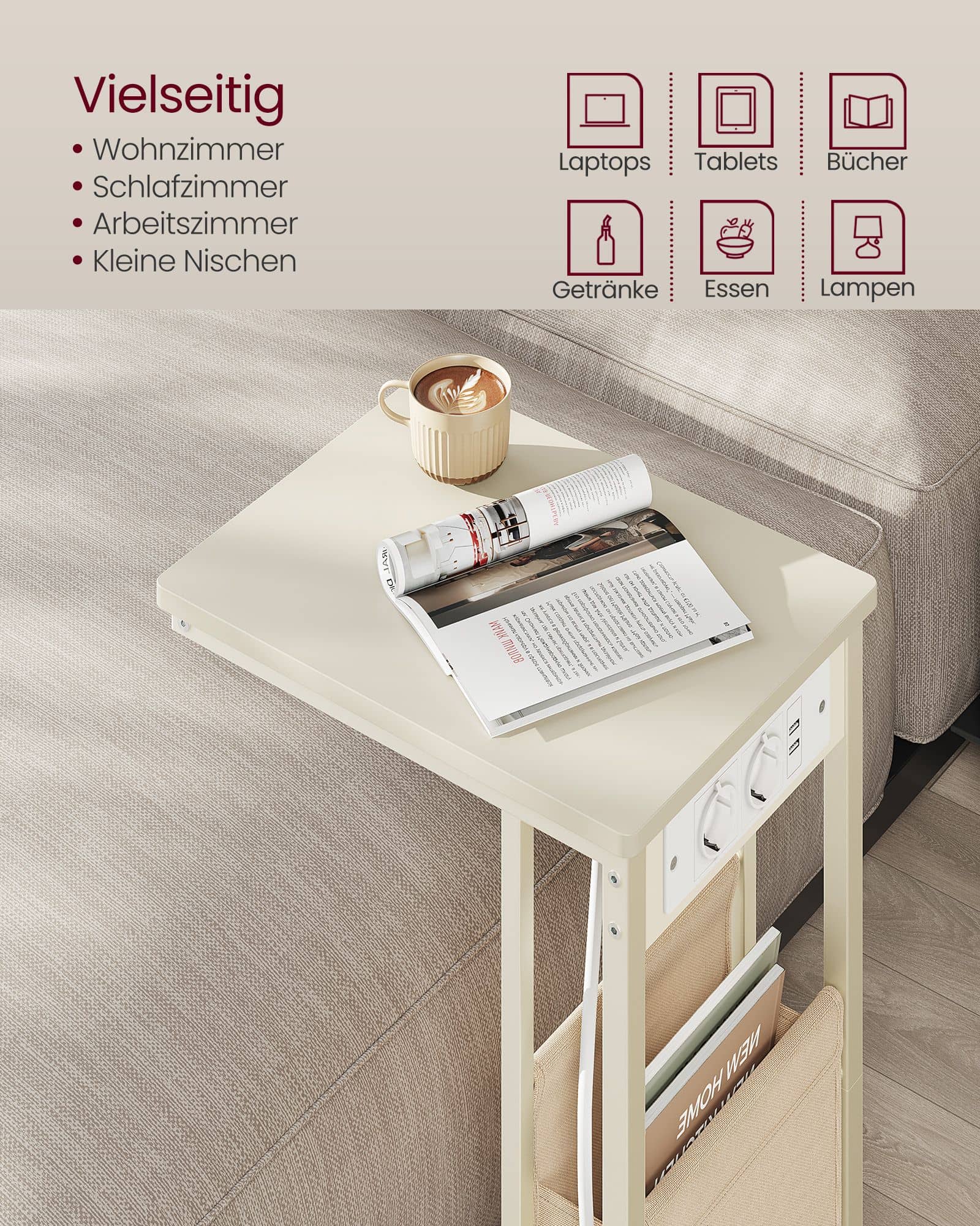 Beistelltisch C-Form mit 2 AC-Steckdosen cremeweiß Beistelltisch C-Form mit 2 AC-Steckdosen cremeweiß