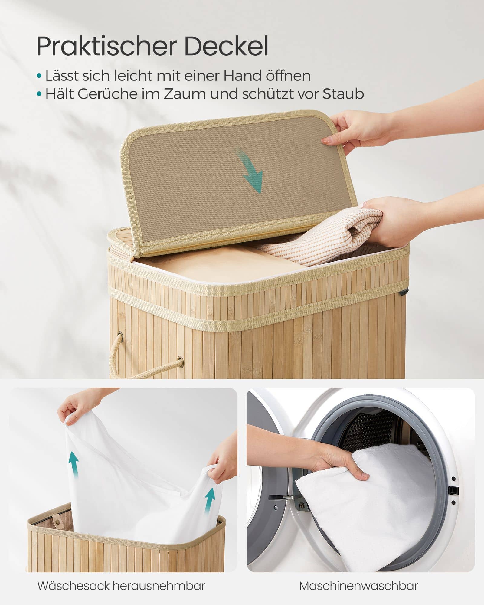 Wäschekorb mit Deckel aus Bambus 72 Liter naturbeige Wäschekorb mit Deckel aus Bambus 72 Liter naturbeige