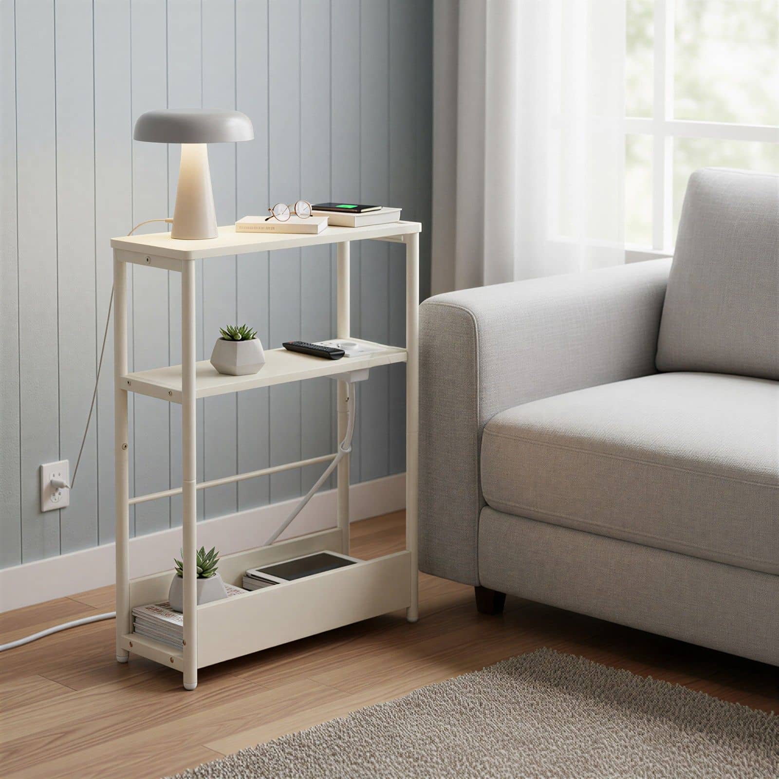 Schmaler Sofatisch mit 3 Ablagen, Nachttisch mit Zeitschriftenhalter, für Schlafzimmer