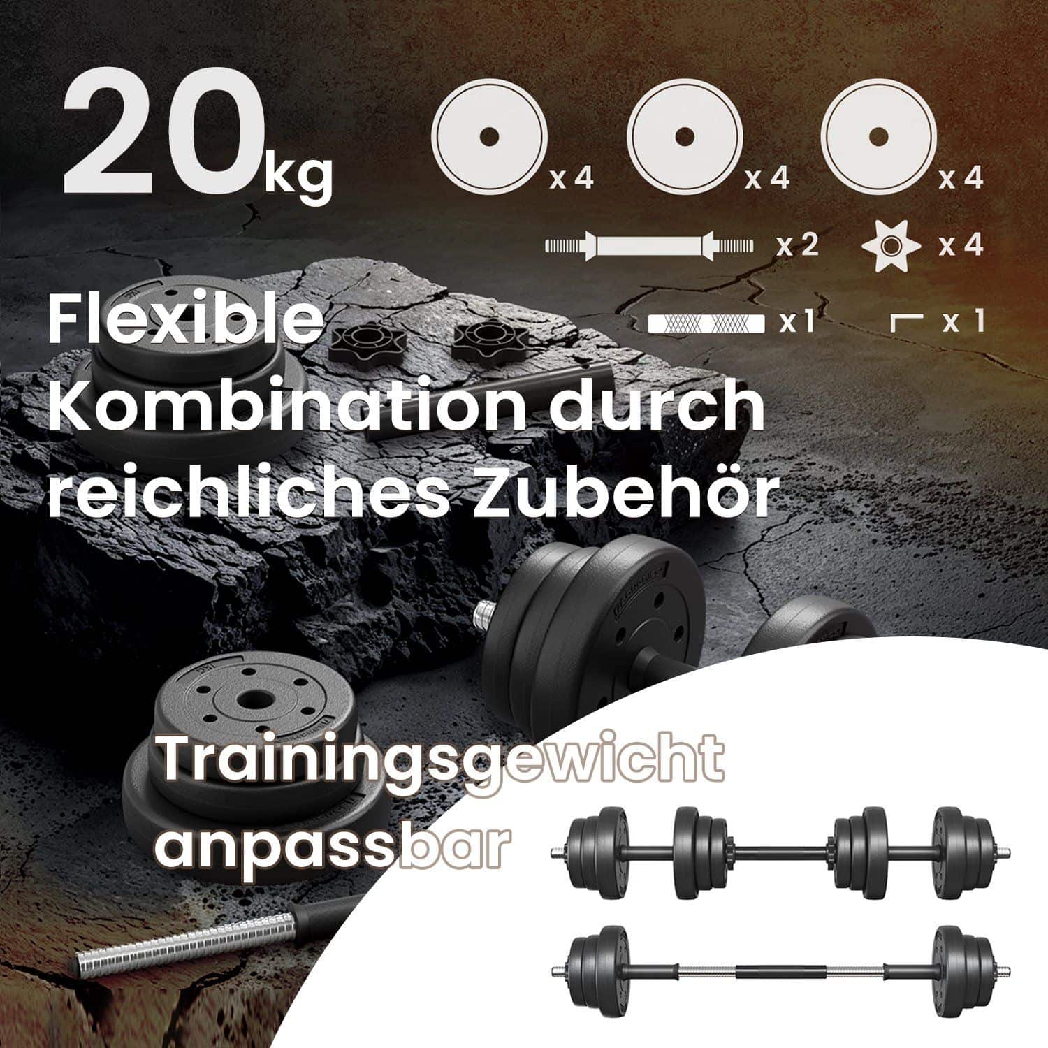 2-in-1-Hanteln, Hantelset mit Verbindungsstahlrohr, 2 x 10 kg, tintenschwarz