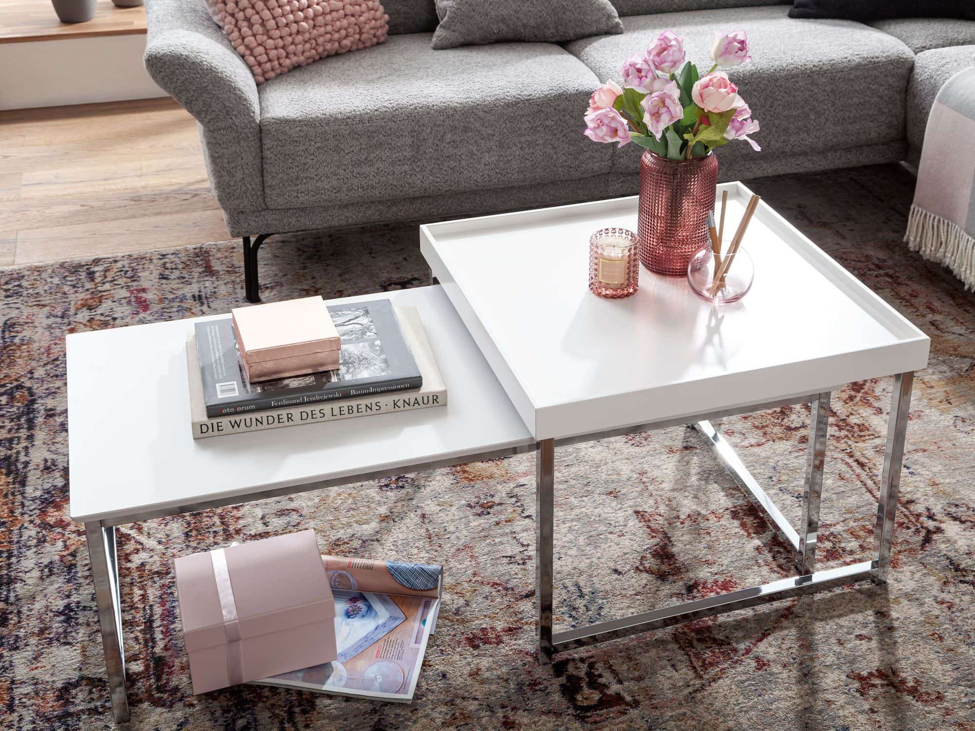 Couchtisch 2er Set Holz / Metall Sofatisch Eckig Weiß Modern Couchtisch 2er Set Holz / Metall Sofatisch Eckig Weiß Modern