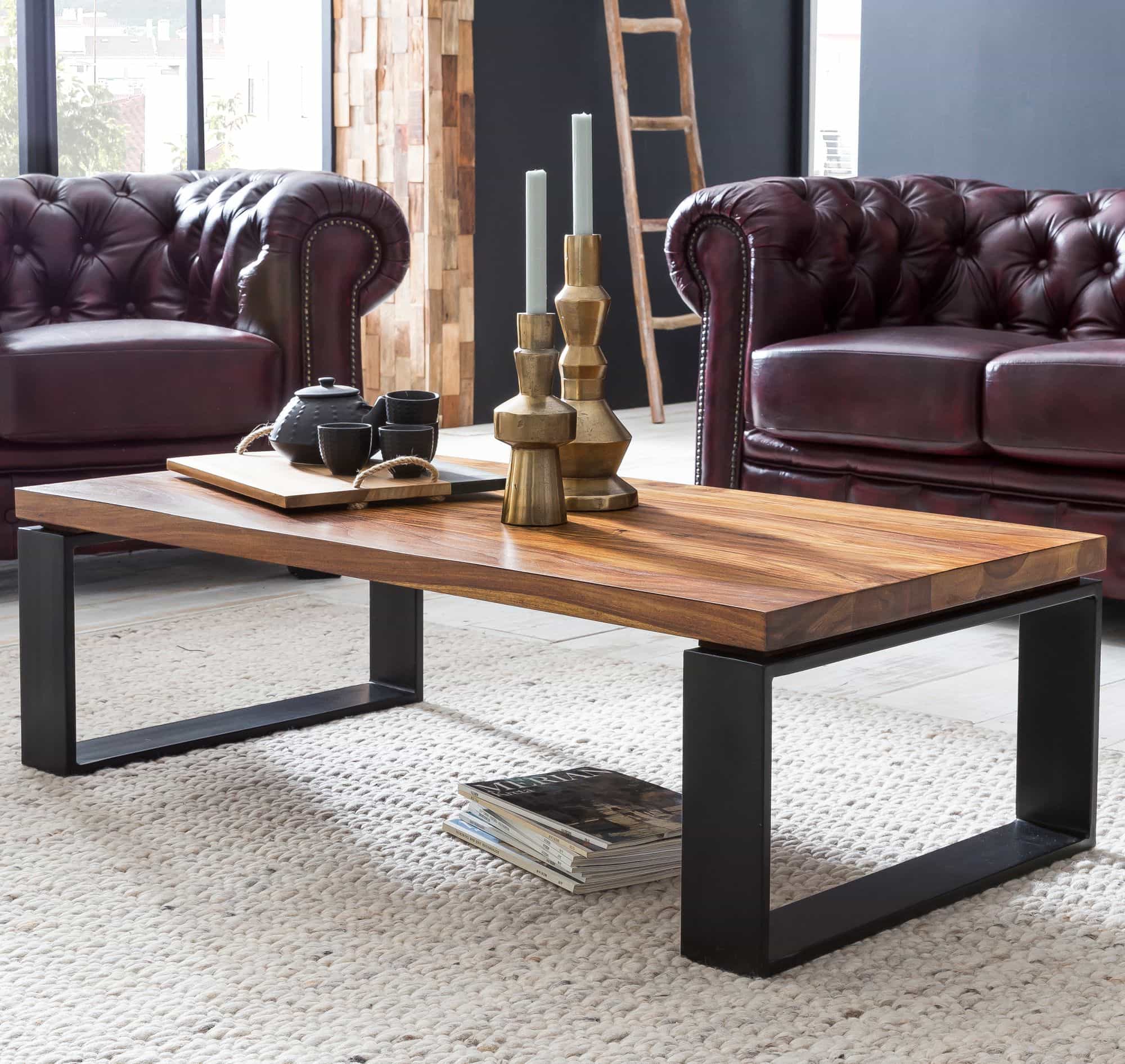 Couchtisch WL5.650 Sheesham 115x35x60 cm Massiv Holz Sofatisch mit Metallgestell Couchtisch WL5.650 Sheesham 115x35x60 cm Massiv Holz Sofatisch mit Metallgestell