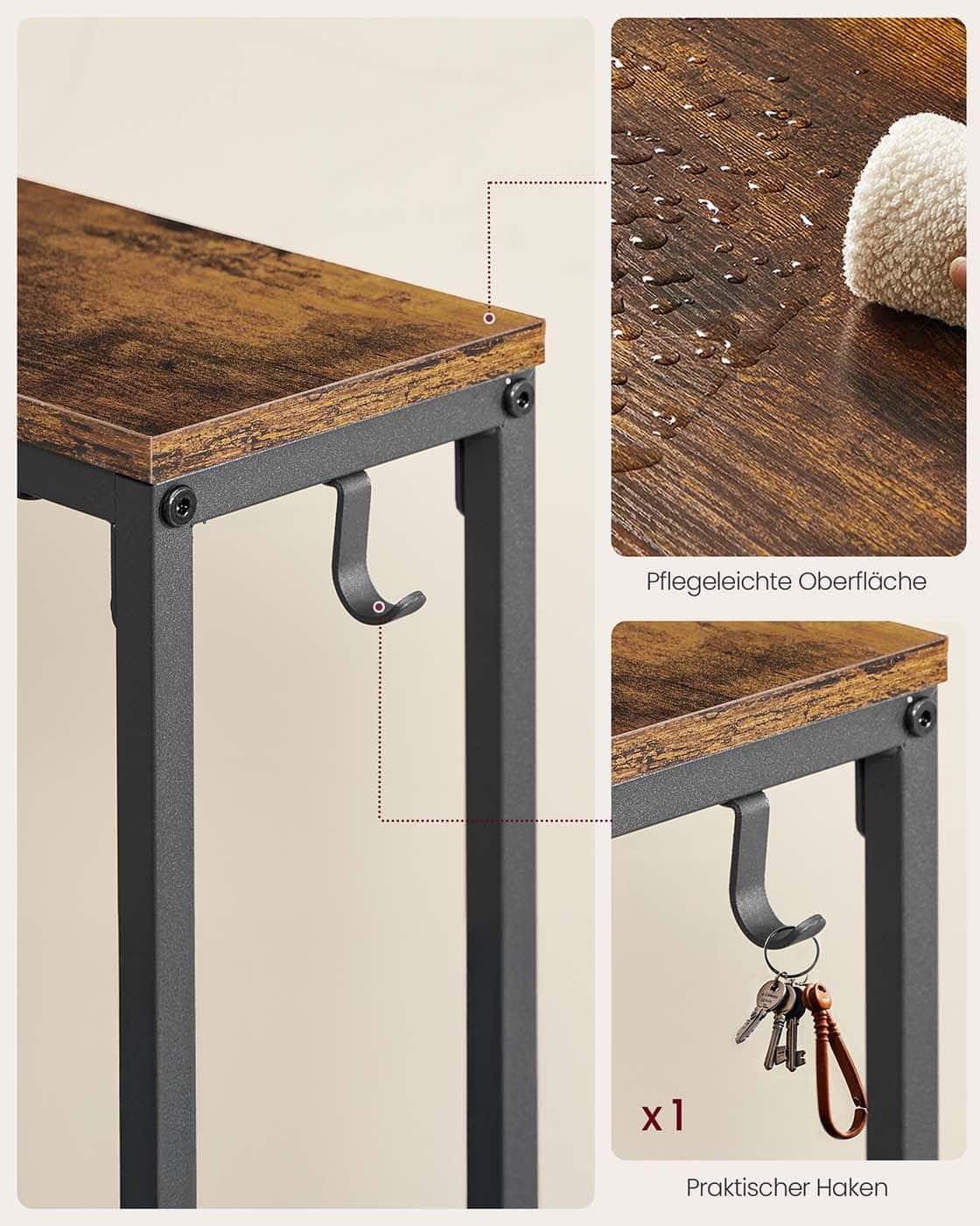 Schmaler Konsolentisch mit Ladestation und Haken Schmaler Konsolentisch mit Ladestation und Haken