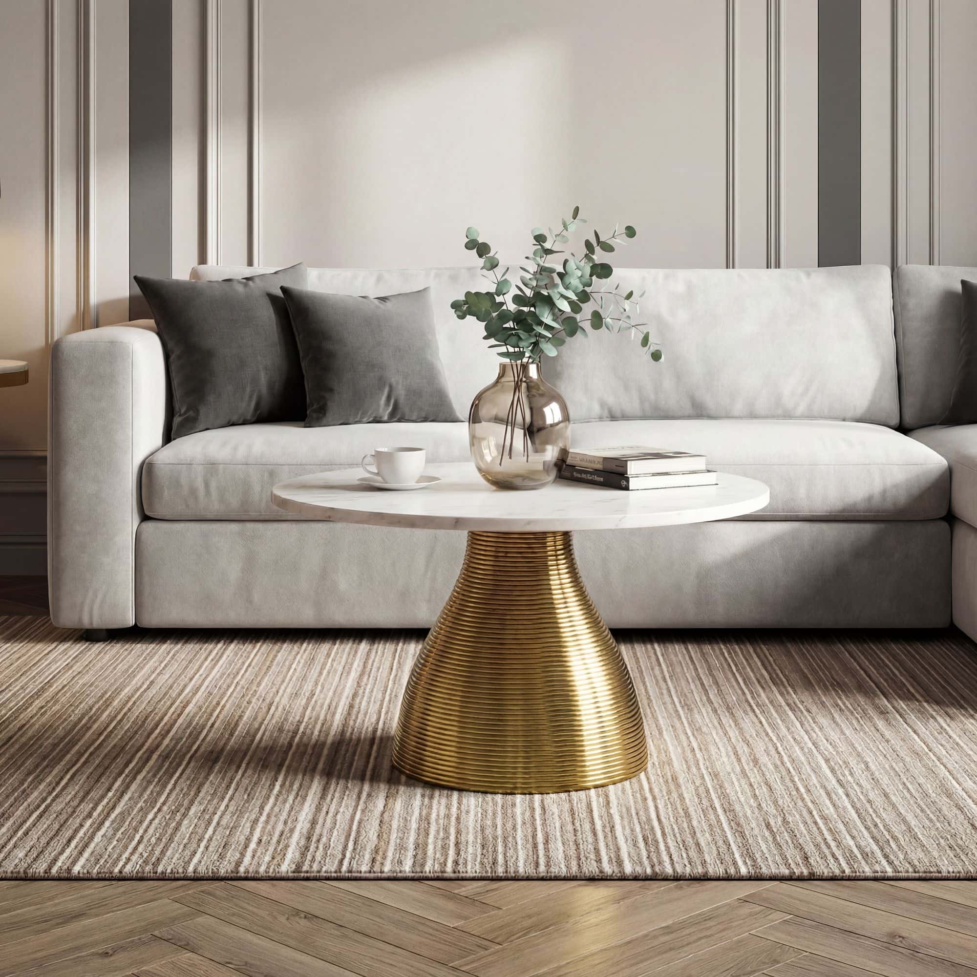 Couchtisch Metall mit weißer Marmor Tischplatte 60cm Rund - Moderner Wohnzimmertisch Aluminium Gold - Design Sofatisch Alu - Loungetisch Rillenoptik - Edler Beistelltisch Handmade Couchtisch Metall mit weißer Marmor Tischplatte 60cm Rund - Moderner Wohnzimmertisch Aluminium Gold - Design Sofatisch Alu - Loungetisch Rillenoptik - Edler Beistelltisch Handmade