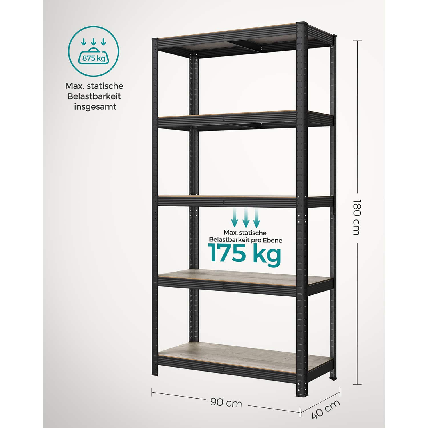 Standregal verstellbar mit 5 Ablagen 40 x 90 x 180 cm Greige-schwarz-B34GLR040B21 Standregal verstellbar mit 5 Ablagen 40 x 90 x 180 cm Greige-schwarz-B34GLR040B21