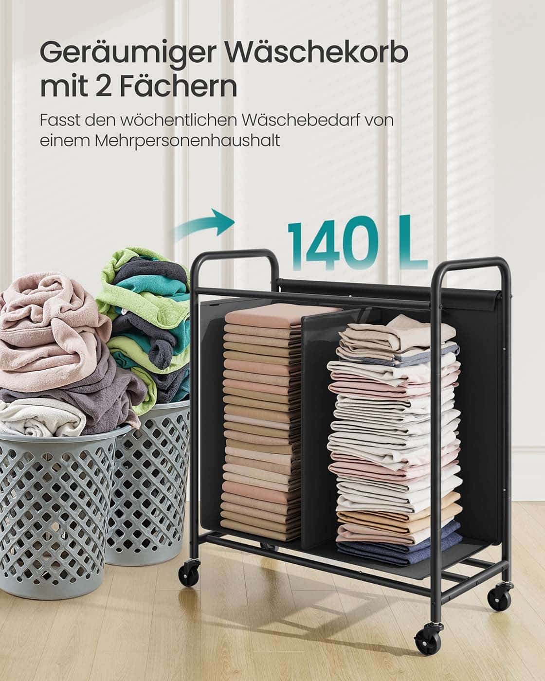 Wäschekorb 140 L mit Rollenund 2 Fächern tintenschwarz