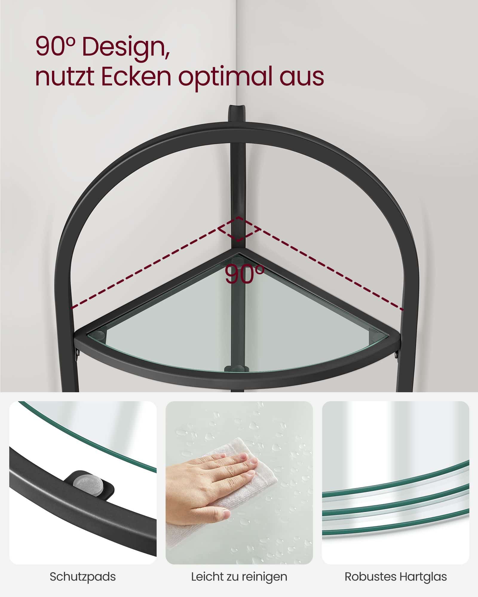 Eckregal 3 Ebenen mit Ablagen aus Hartglas