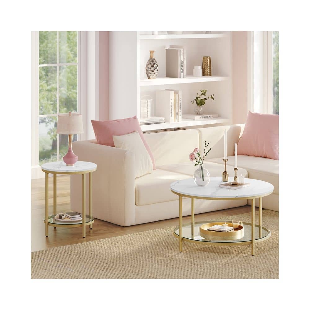 Beistelltisch 2 Ebenen in weißer Marmoroptik mit schwarzem Gestell Marmorweiß-Helles Gold